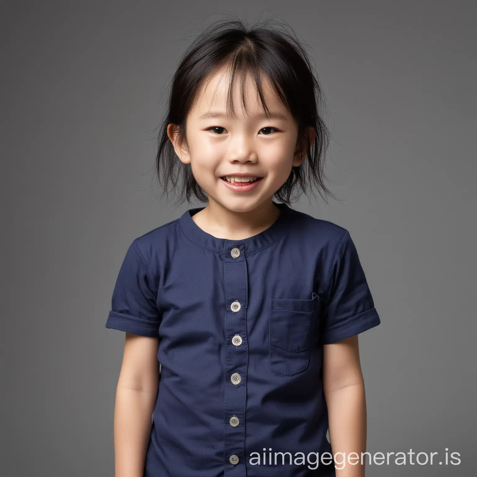 single person, Asian child, fair skin, doesn't show teeth, deep blue round-neck shirt, clothes are flat, white background, ID photo, front light, even face brightness, tidy hair, no fringe, no side inverse lighting, shows shoulders, shows waist