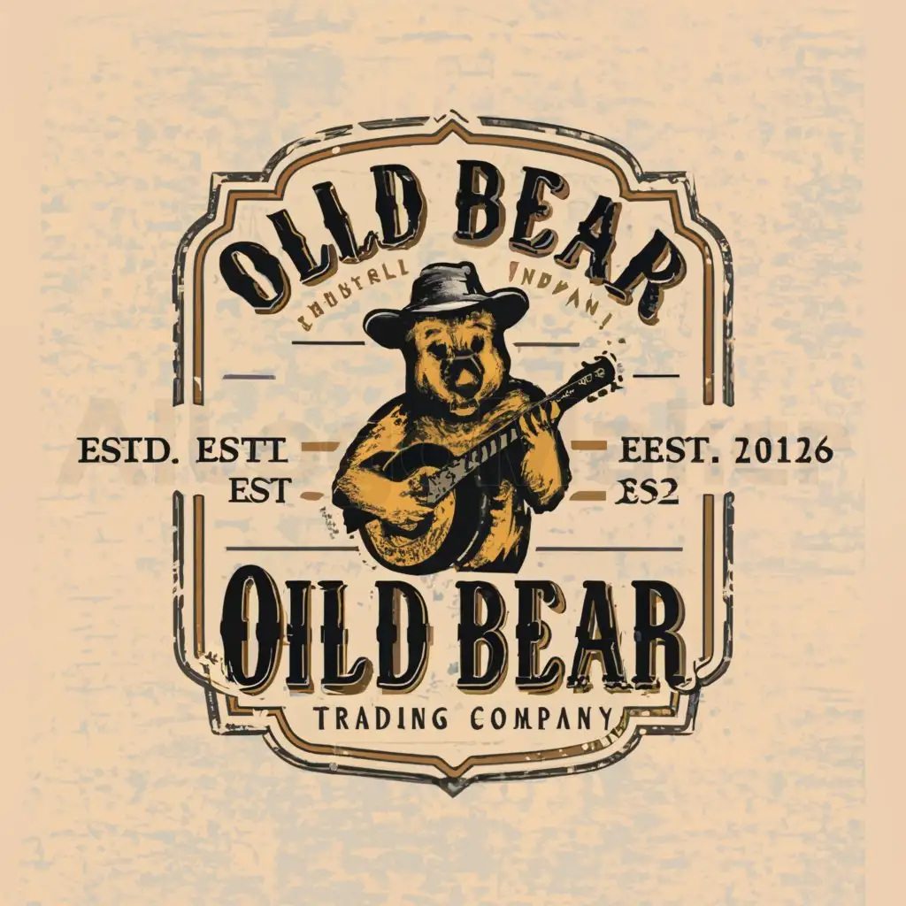 a logo design,with the text "Old Bear Trading Company", main symbol:Tall rectangle label with a smiling bear wearing hillbilly clothes and a straw hat, holding a banjo, with The Smoky Mountains in the background.,complex,be used in Retail industry,clear background