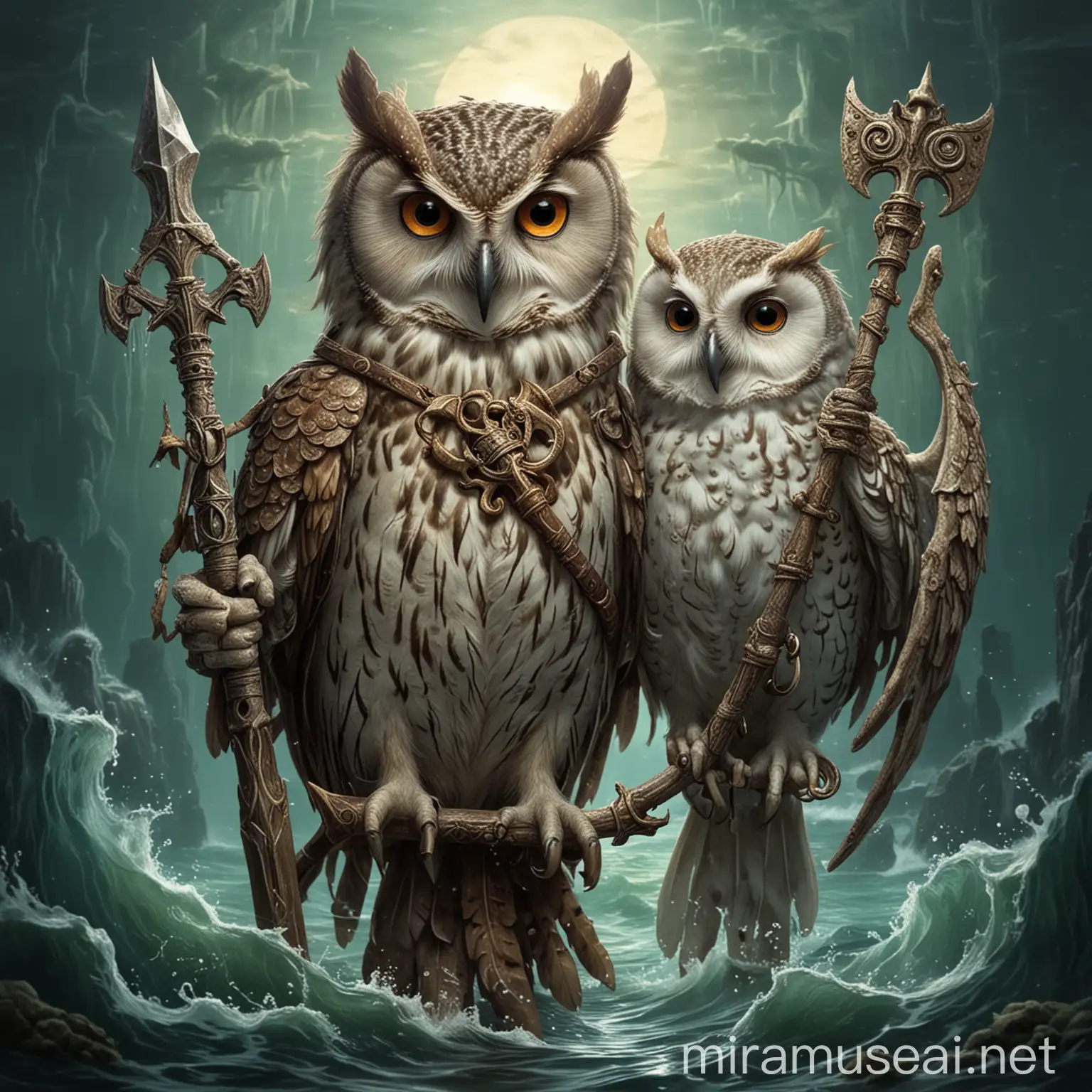 Owl and seahorse holding trident
