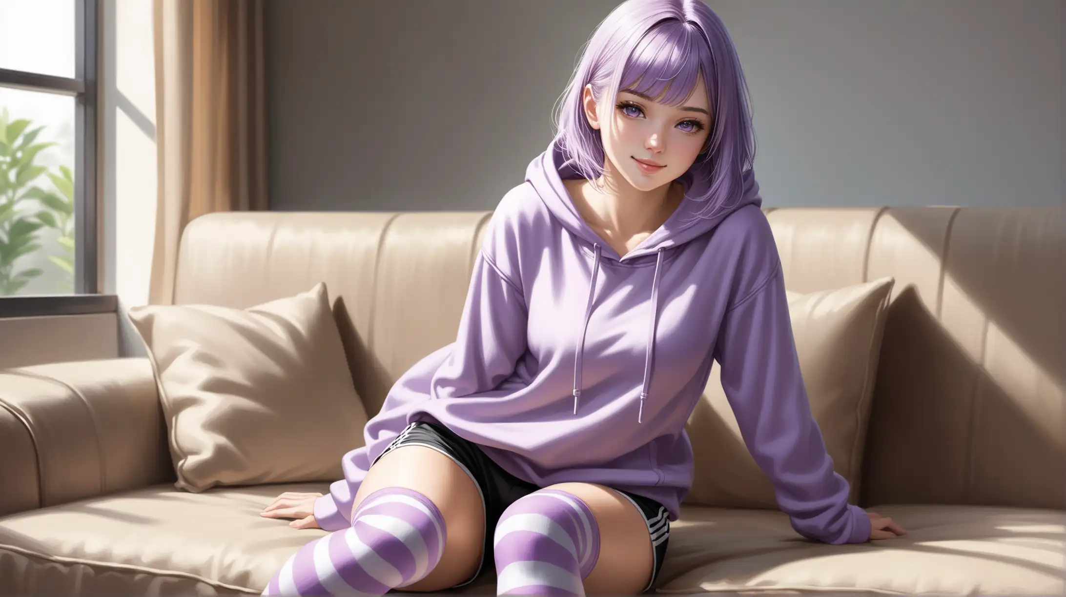 Draw a woman, shoulder length light purple hair, messy bangs framing her face, light purple eyes, petite figure, high quality, realistic, accurate, detailed, long shot, full body, indoors, sitting on sofa, natural lighting, seductive pose, athletic shorts, striped thighhighs, hoodie, smiling at the viewer