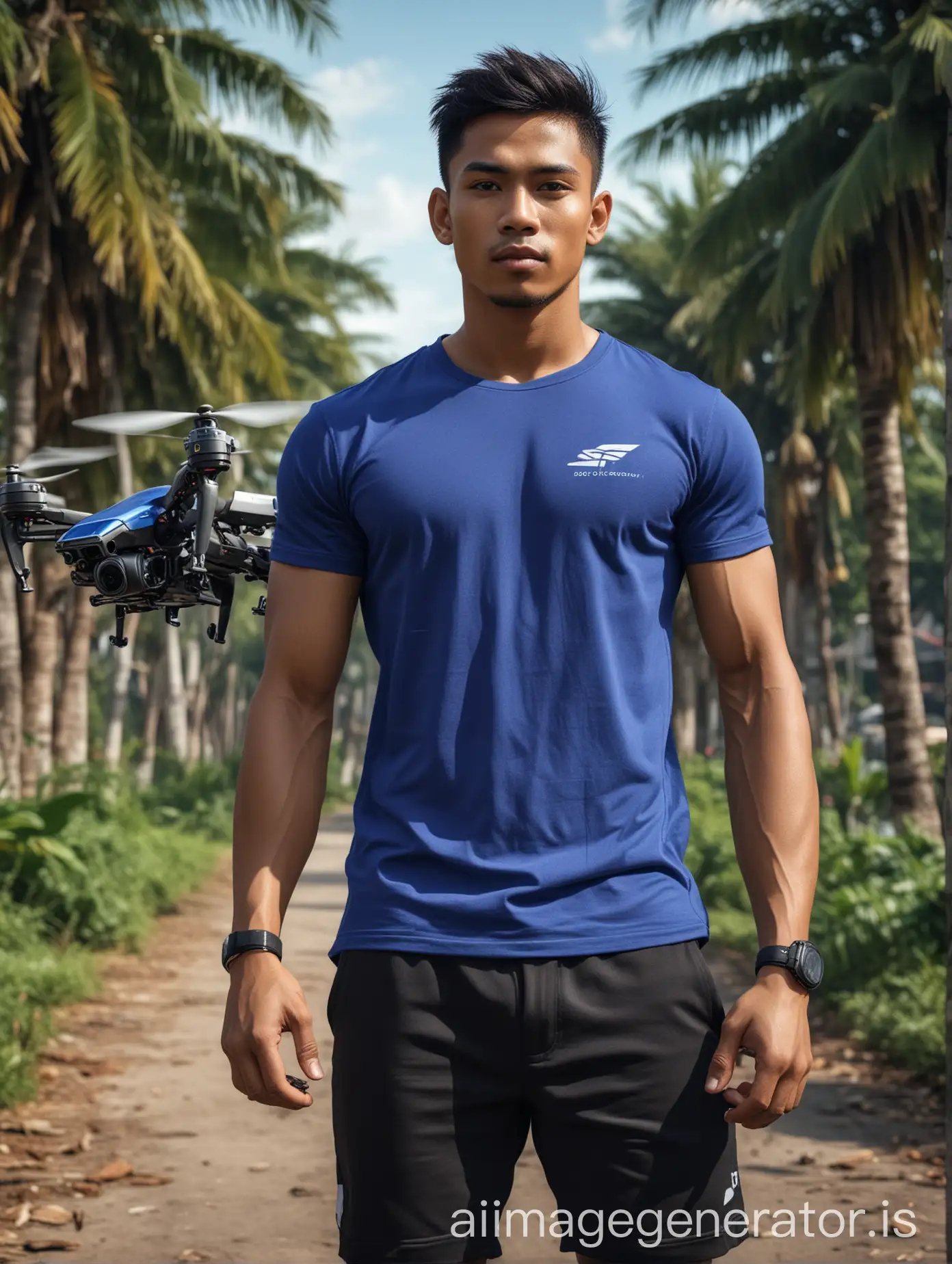 Wallpaper 4k a handsome,
nuscular Indonesian young man,wearing royal blue tee shirt and black jogging pant was holding the latest drone model. The young man had
a handsome face, with cool
skin.sweet white skin, park
scene,daylight,bright
hyperrealistic real ultra hd, real