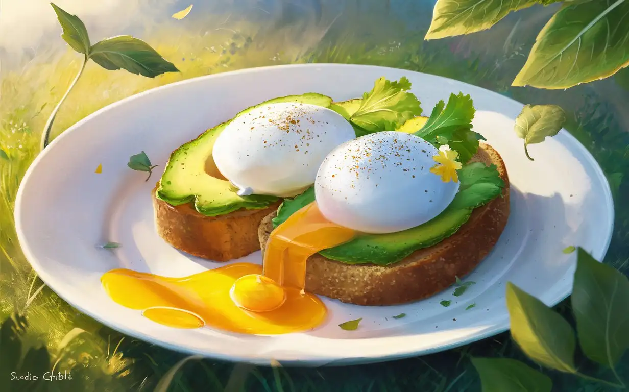 A close-up of avocado toast with poached eggs, in the style of studio ghibli, The plate is white and the egg yolk has run onto it, natural sunlight