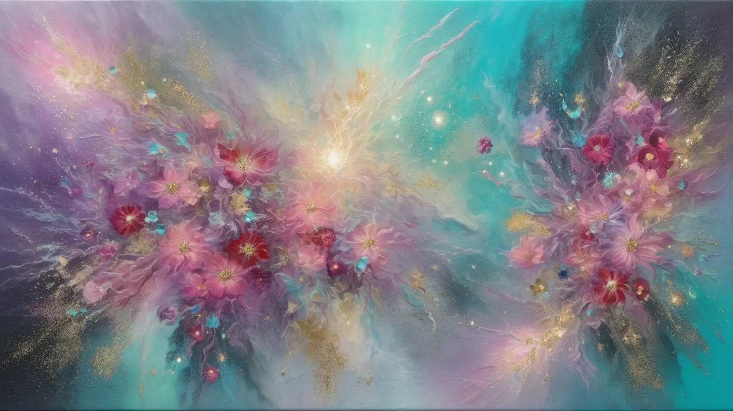 textured oil painting of abstract art of florescent colors soft-pink and purpler and green in silver dust and and golden dust and turquoise dust and a magical soft-pink and skyblue glow with luminescent  red flowers among light-green galaxies