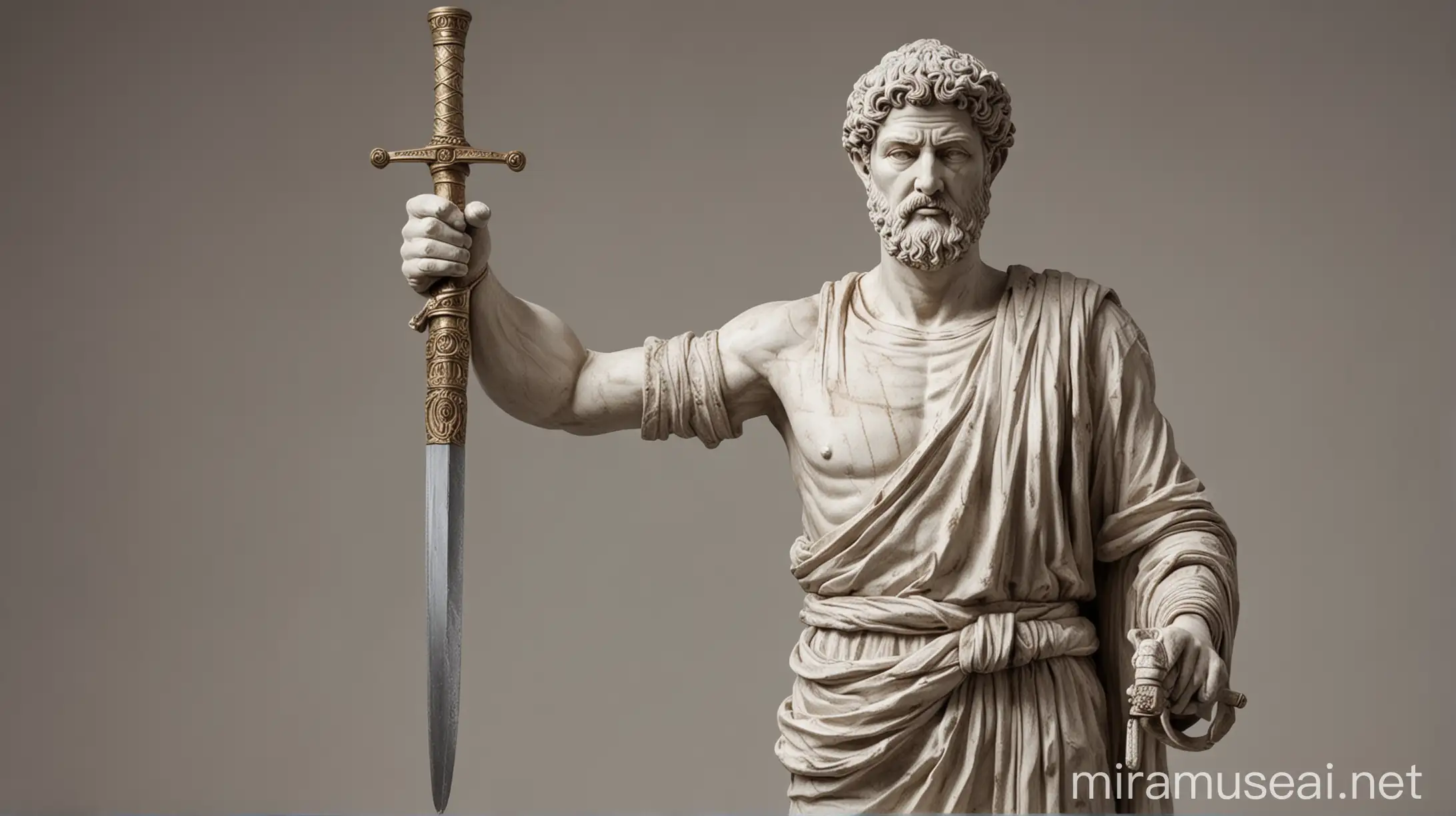 draw stoic statue standing and put in hand sword
