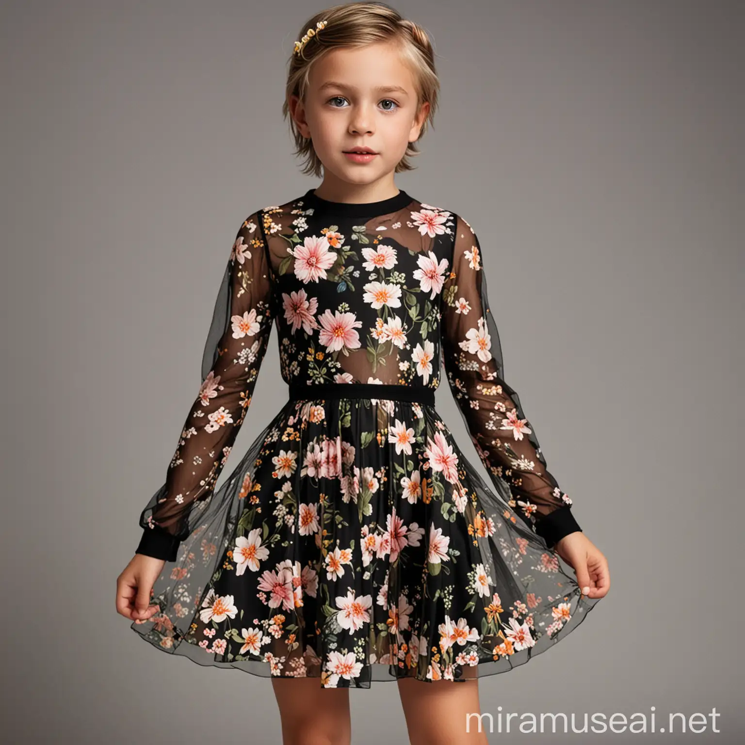 Adorable Young Boy in Floral Skater Dress