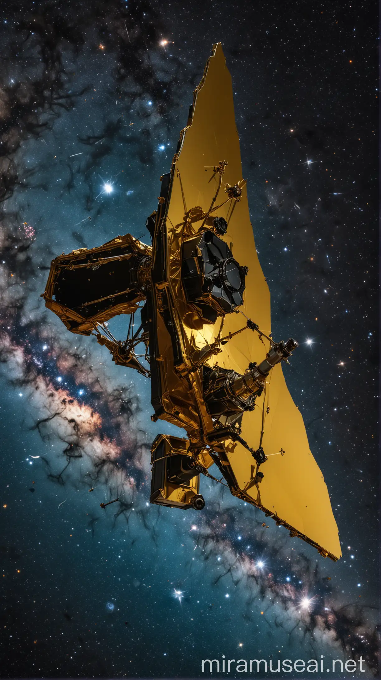 A imagem mostra o majestoso Telescópio Espacial James Webb (JWST) pairando no espaço sideral, com a Terra visível ao fundo como um pequeno ponto azul brilhante. O JWST está totalmente desdobrado, com seu espelho dourado segmentado refletindo a luz das estrelas distantes.

Ao redor do JWST, vemos uma constelação de estrelas e nebulosas, criando um cenário deslumbrante de cores vibrantes e formas intrigantes. As estrelas parecem dançar ao redor do telescópio, transmitindo uma sensação de movimento e exploração.
A atmosfera da imagem é de maravilha e descoberta, convidando os espectadores a se perderem na vastidão do espaço e a contemplar a beleza do universo através dos olhos do poderoso JWST. Esta imagem certamente chamará a atenção e prenderá o espectador com sua beleza e evocação de mistério cósmico.


