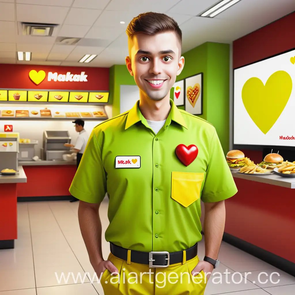 Cheerful-Makby-Fast-Food-Employee-in-YellowGreen-Uniform-with-Corporate-Heart-Logo