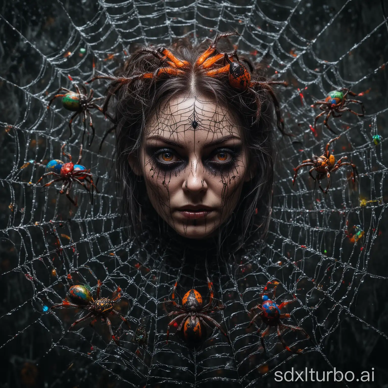 Top view, hybrid of a horrific blending of a demonic woman with a colorful spider’s head resting in a spider's web with tiny spiders running around. Spooky. Alluring and grotesque.
