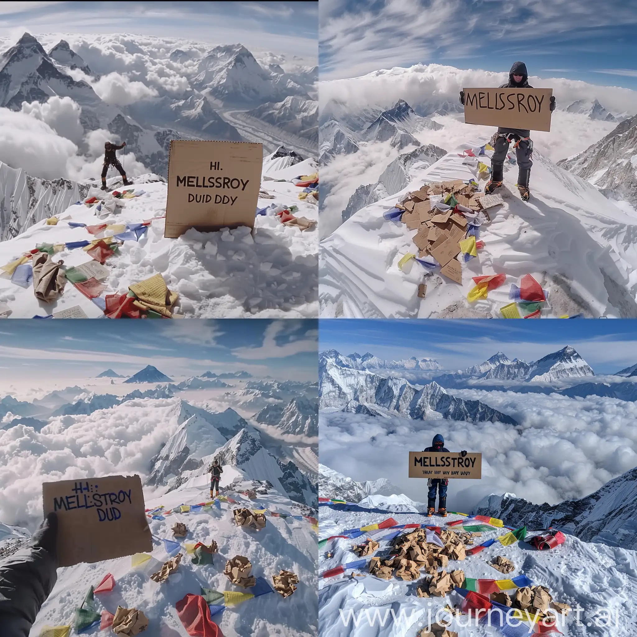 A person standing at the top of Mount Everest, holding a cardboard sign that says MELLSTROY. Crumpled flags from other climbers are scattered in the snow. In the distance, the peaks of other mountains are visible, with clouds partially covering them. In the video, the person says, "Hey, MELLSTROY dude, we did it!" The format should be a realistic video.