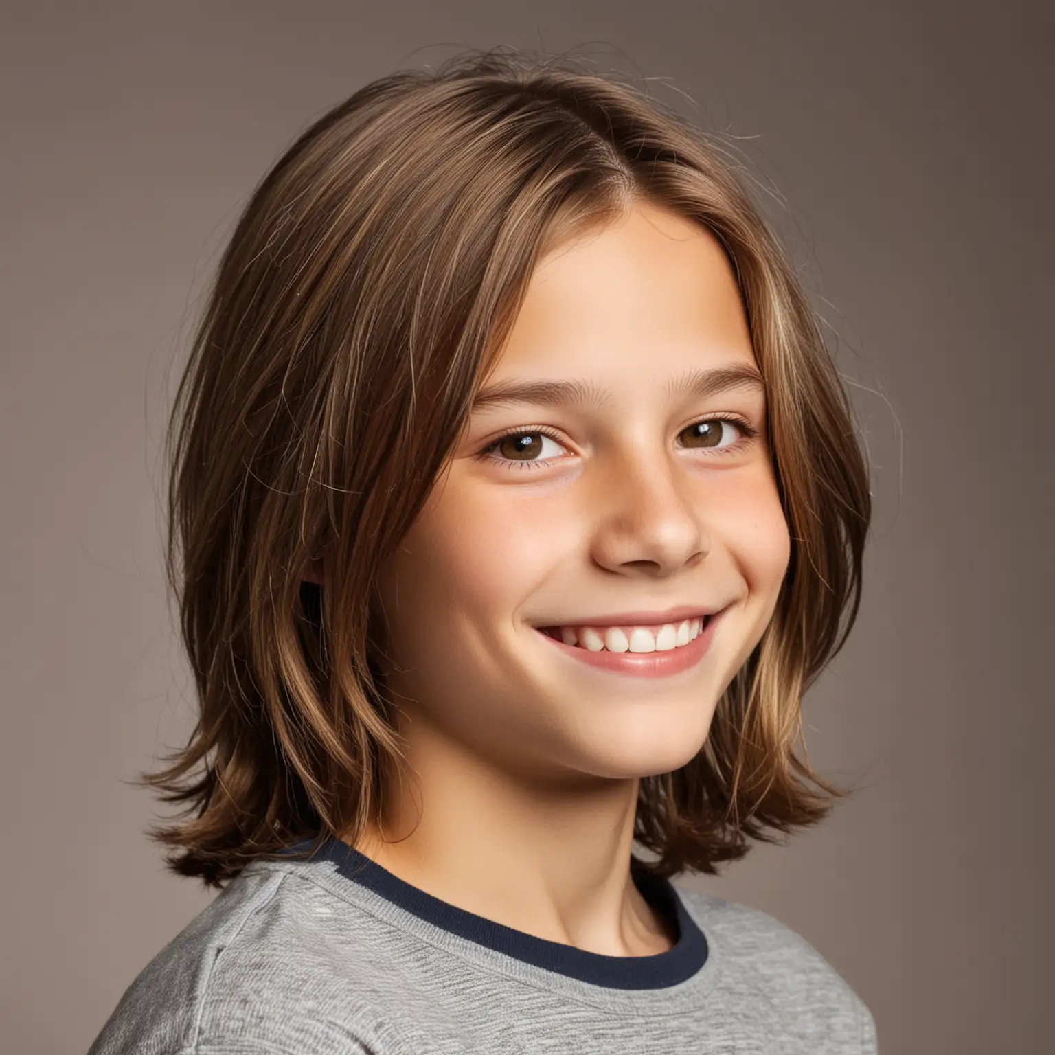 Studio quality photo of thin twelve year old boy with soft, shiny shoulder  length brown hair with highlights, parted in the middle, light overhead, profile view of model, smile 