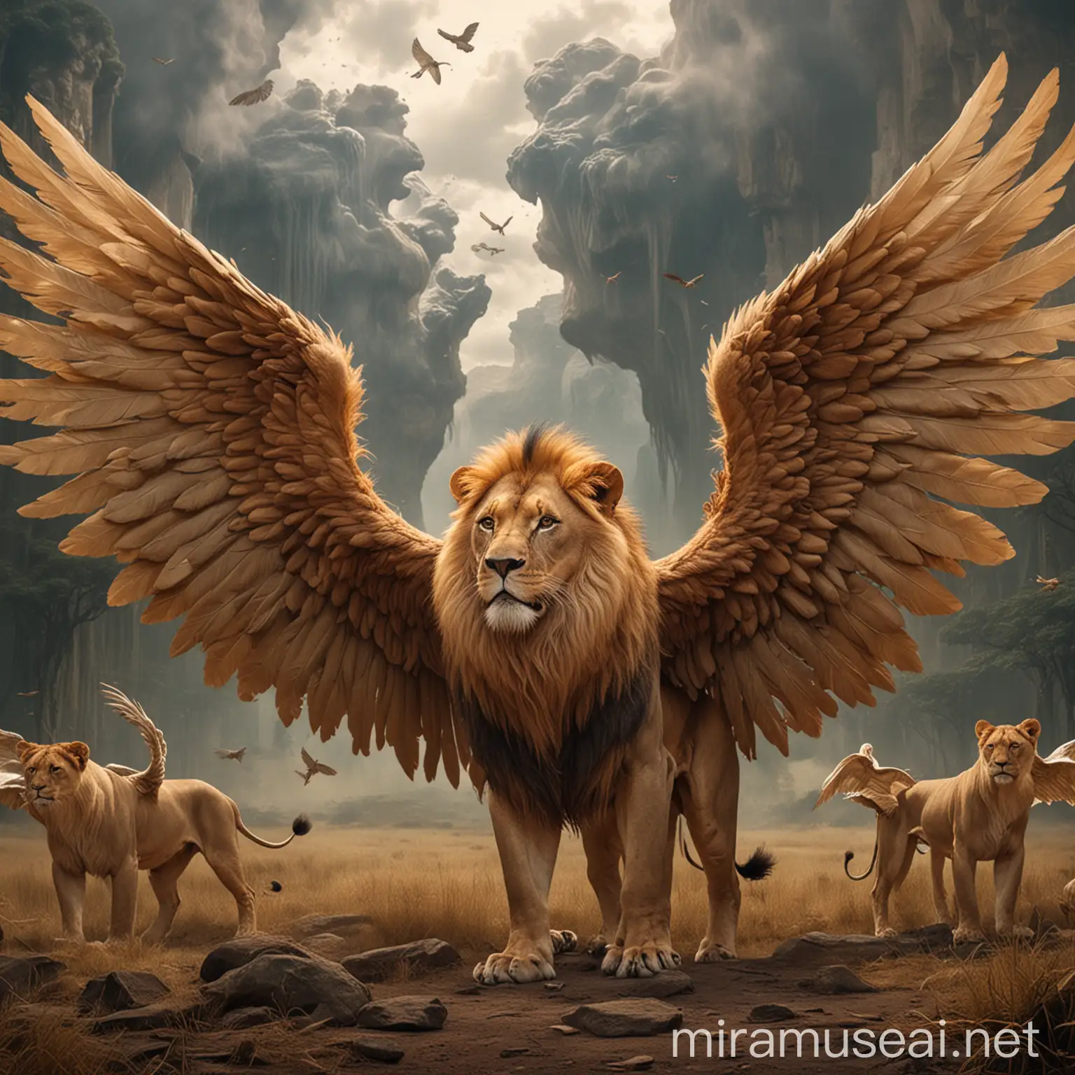 Majestic Lions with Gigantic Wings in Enchanted Forest
