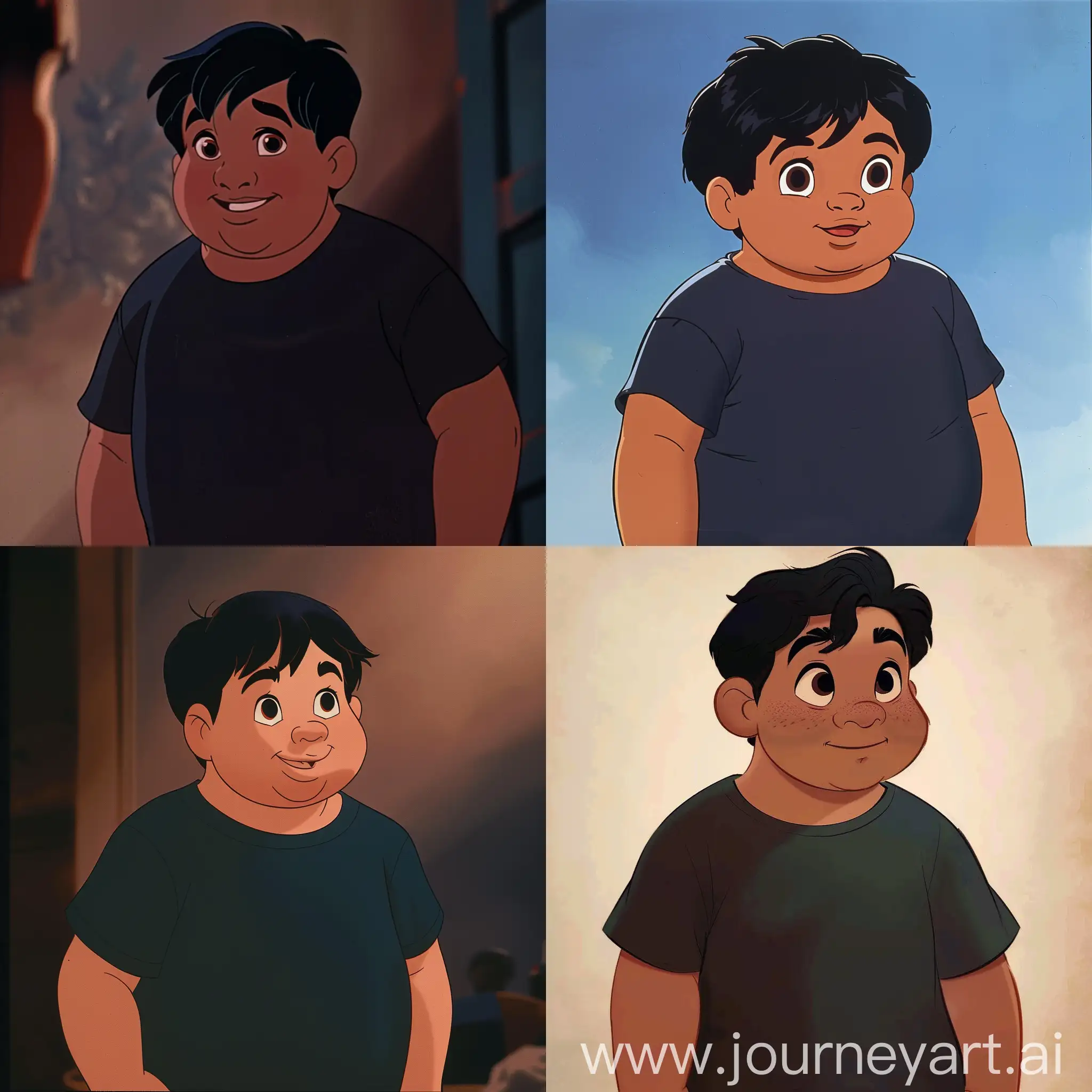 a boy with short black hair, round nose, wide head, dark skin, wearing a black t-shirt, he is a little fat in 1990's old cartoon disney