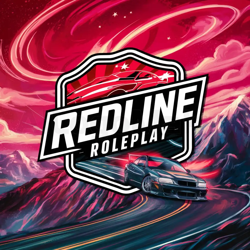 a logo design,with the text "Redline Roleplay", main symbol:Red & pink sky and stars. Mountain top with windy road, car drifting up it. Colourful. All in a badge,complex,clear background