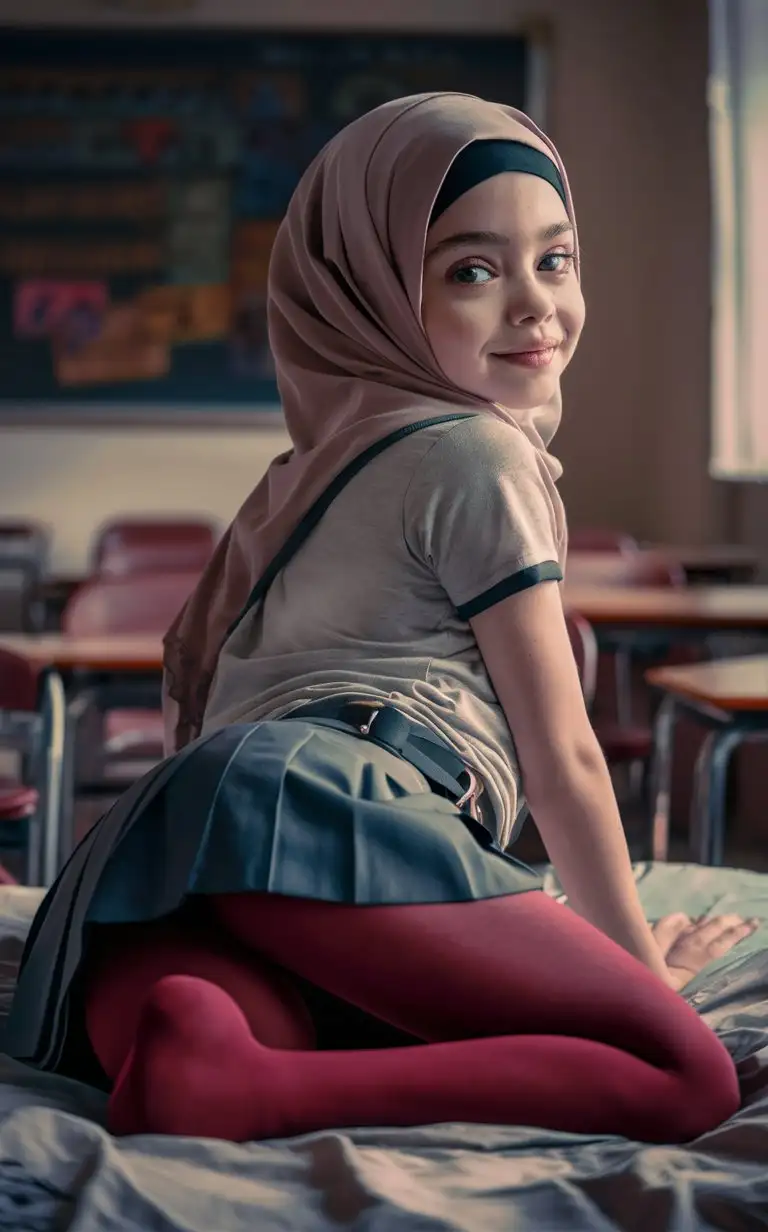 A innocent girl.  14 years old. She wears a hijab, skinny t-shirt, so mini school skirt, burgundy opaque tights,
She is beautiful. She lie on the bed.
Side eye view, in classroom, petite, plump lips.  Elegant, pretty