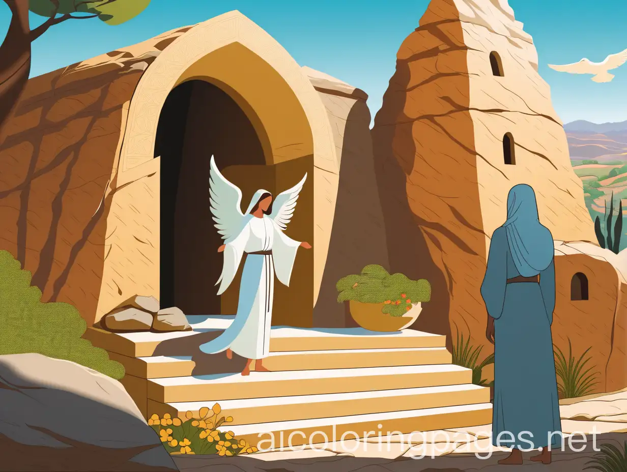 Create an illustration of the empty tomb of Jesus with the stone rolled away. An angel stands next to the tomb, radiant and luminous, with wings spread and wearing resplendent white robes. The angel has an expression of peace and joy as he announces the resurrection. In the foreground, two or three women are present, dressed in simple, soft-colored tunics, with expressions of awe, joy, and reverence. One of the women may be kneeling while the others stand. The empty tomb is in the background, with the stone rolled aside, showing the empty interior. The tomb should appear ancient and made of stone. The background features a serene natural landscape with trees, flowers, and a bright, clear sky, symbolizing new life and hope. The focal point is the angel beside the tomb, with the women in the foreground and the empty tomb in the background. Use bright and luminous tones for the angel and the surroundings, reflecting the joy and miracle of the resurrection, and soft, natural colors for the women's clothing. The style should be realistic and detailed, emphasizing awe, joy, and hope
, Coloring Page, black and white, line art, white background, Simplicity, Ample White Space. The background of the coloring page is plain white to make it easy for young children to color within the lines. The outlines of all the subjects are easy to distinguish, making it simple for kids to color without too much difficulty