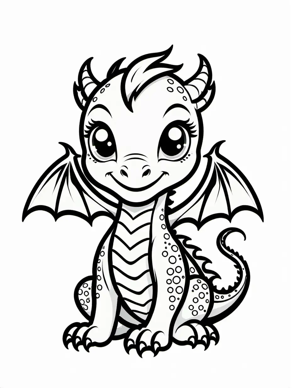 cute baby dragon tattoo design,  big scales on its body and head, making it simple for kids to color without  difficulty. Coloring Page for kids, black and white, line art, white background, Simplicity, Ample White Space. The background of the coloring page is plain white to make it easy for young children to color within the lines. The outlines of all the subjects are easy to distinguish, making it simple for kids to color without too much difficulty. Halloween theme.