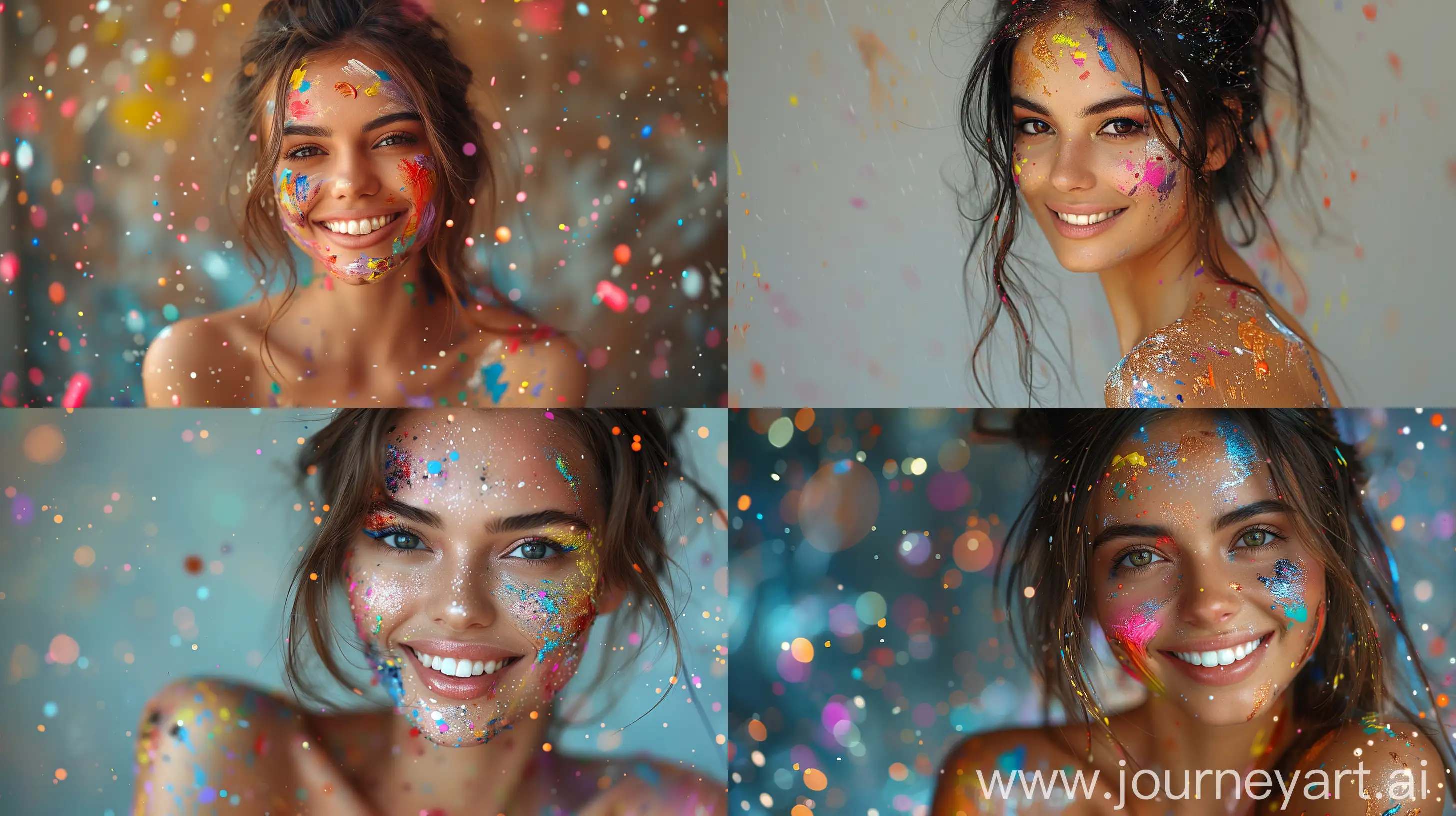 a photorealistic image of a beautiful young woman. Her whole body is painted with very colorful paint. There are paint splatters everywhere. She is smiling mysteriously towards the camera. The woman was filmed from below. Full body shot. --ar 16:9 --s 1000