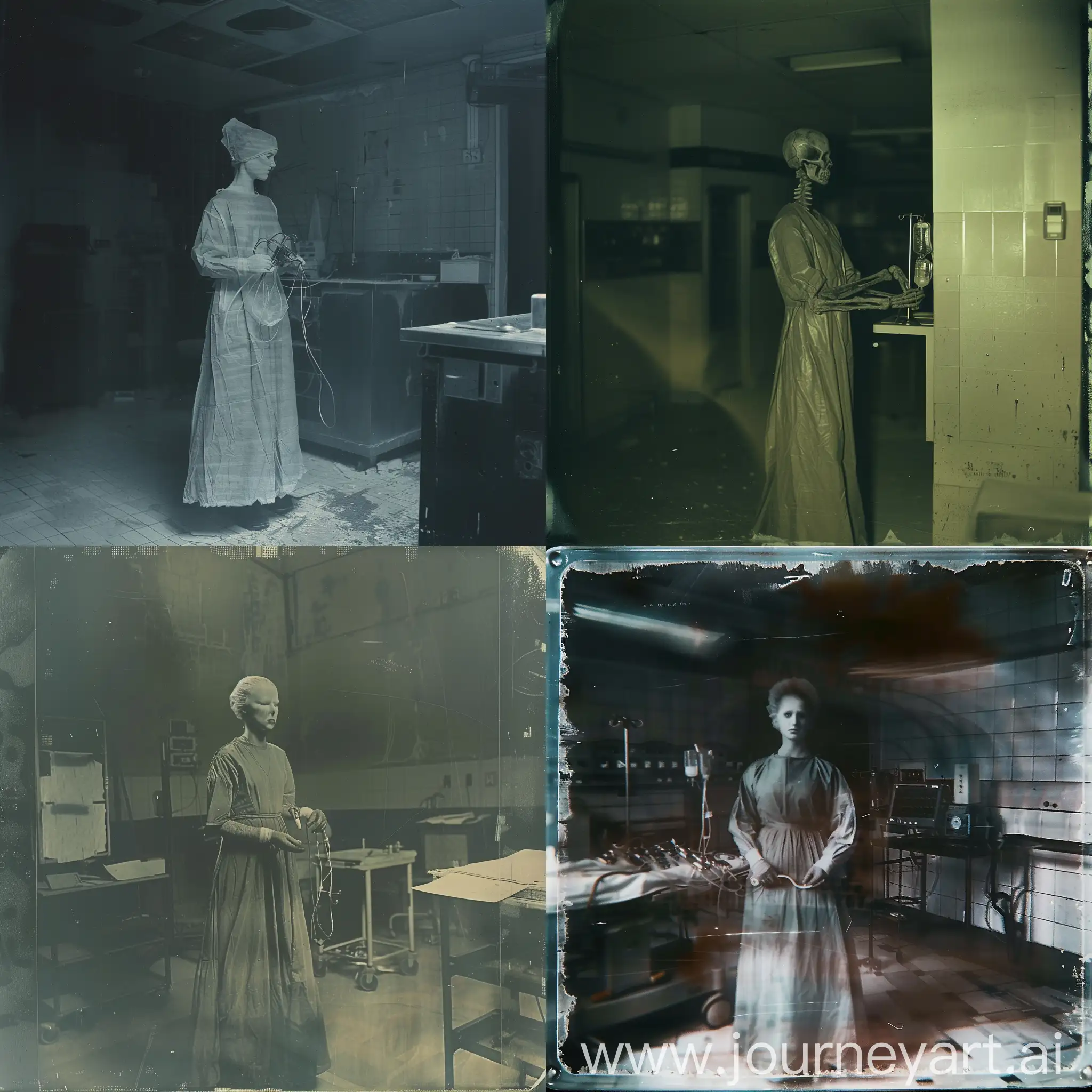Grainy disposable photo view of a back view of a ghostly pale nurse wearing long uniform holding a surgery equipment in an abandoned dark surgery room that no longer functioning, haunting and eerie atmosphere. Shot far focus on her.