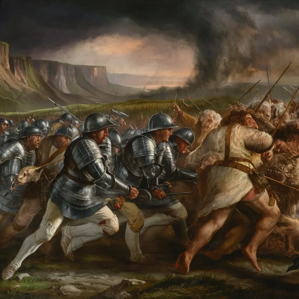 A historical war scene with soldiers and dramatic landscapes.