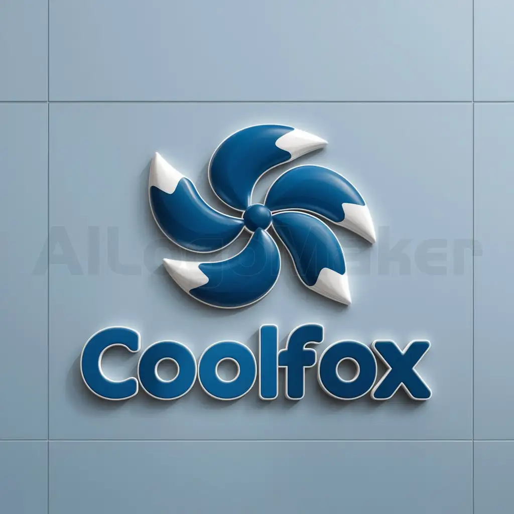 a logo design,with the text "CoolFox", main symbol:a round spinning fan made of four blue fox tails tails with white tips,Moderate,clear background
