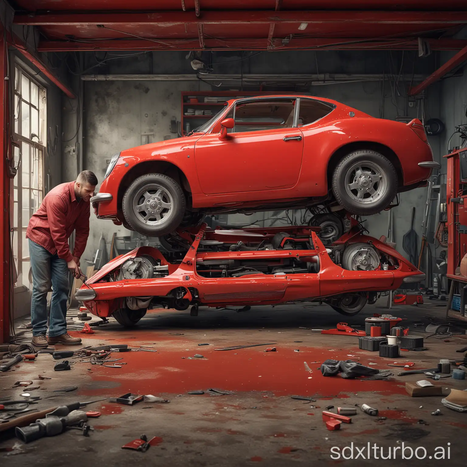 a photorealistic image of a real human repairing a authentic red car. The mechanic is repairing the car from underneath