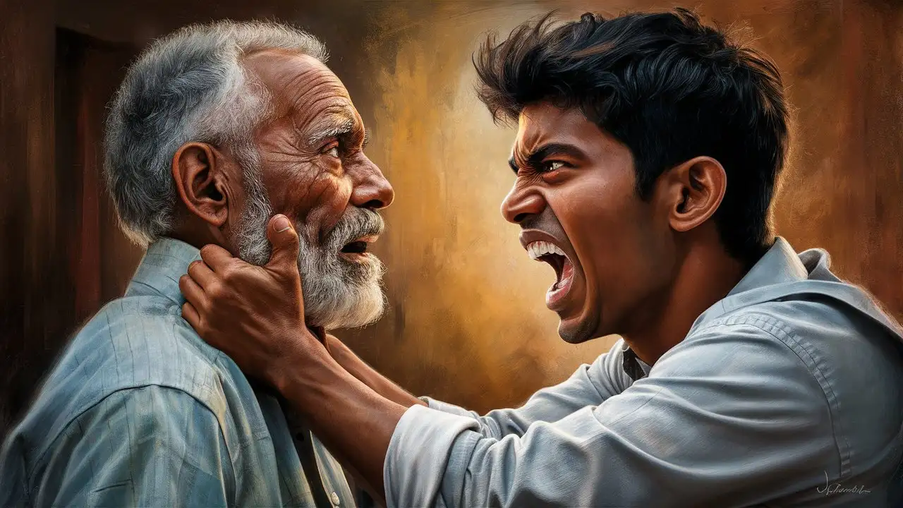 Angry Indian Man Confronting Elderly Father