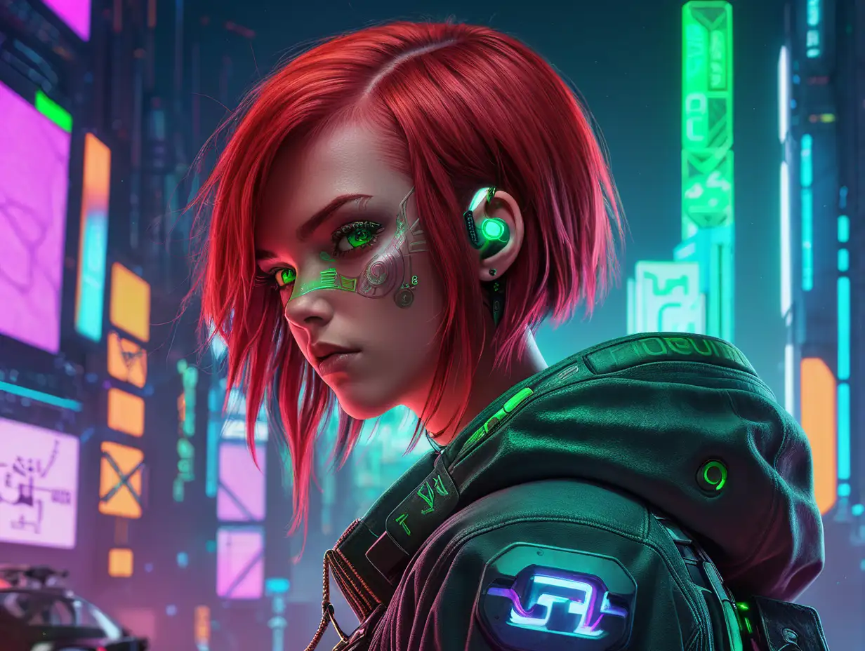 Generate cyberpunk themed cyberpunk nft artwork - female with mid bob red hair and green eyes