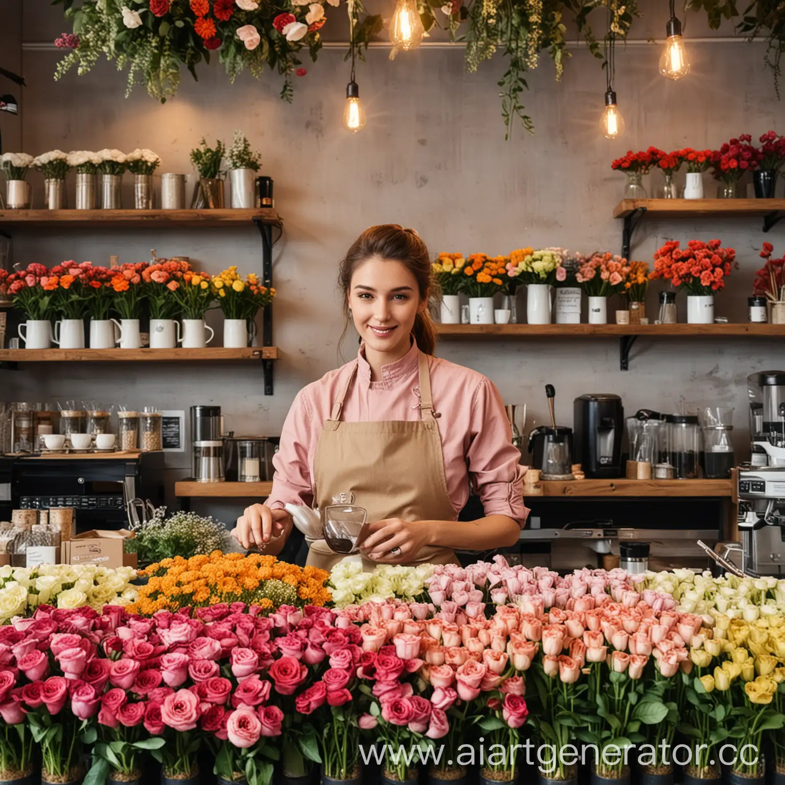 Barista-Pouring-Coffee-in-a-Vibrant-Flower-Shop