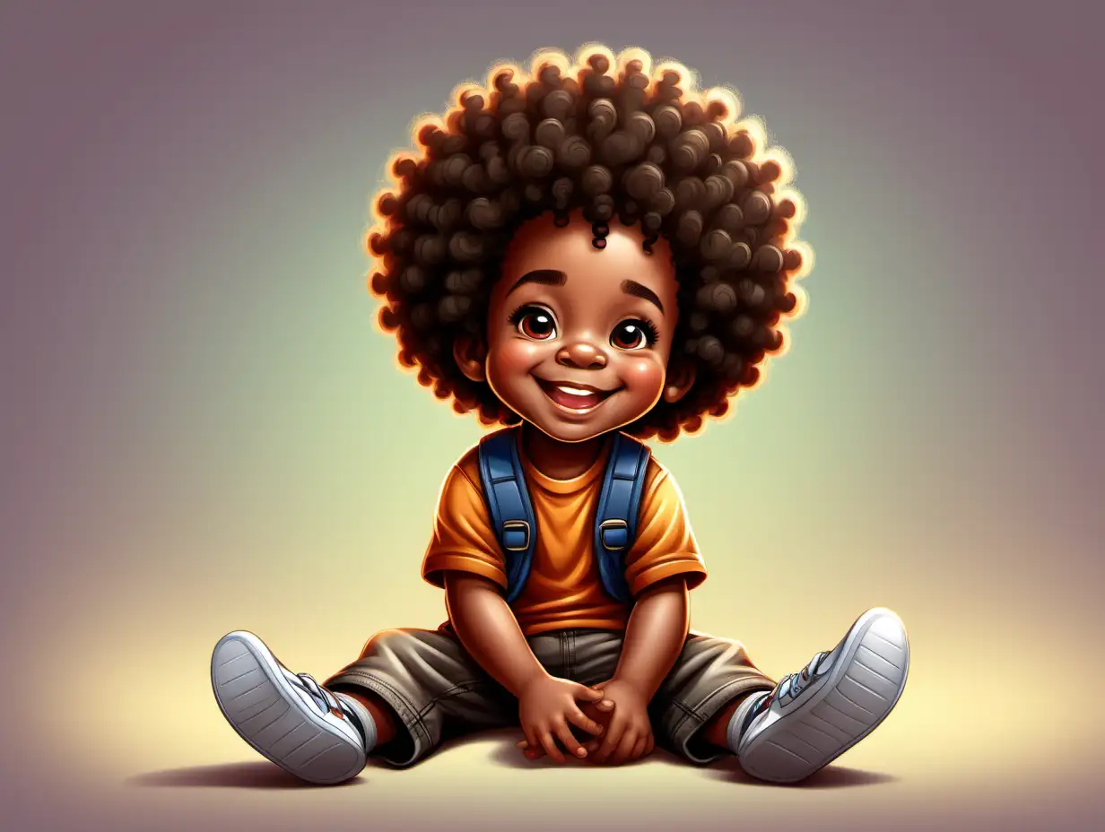Cheerful Cartoon African American Toddler with Big Curly Afro Smiling