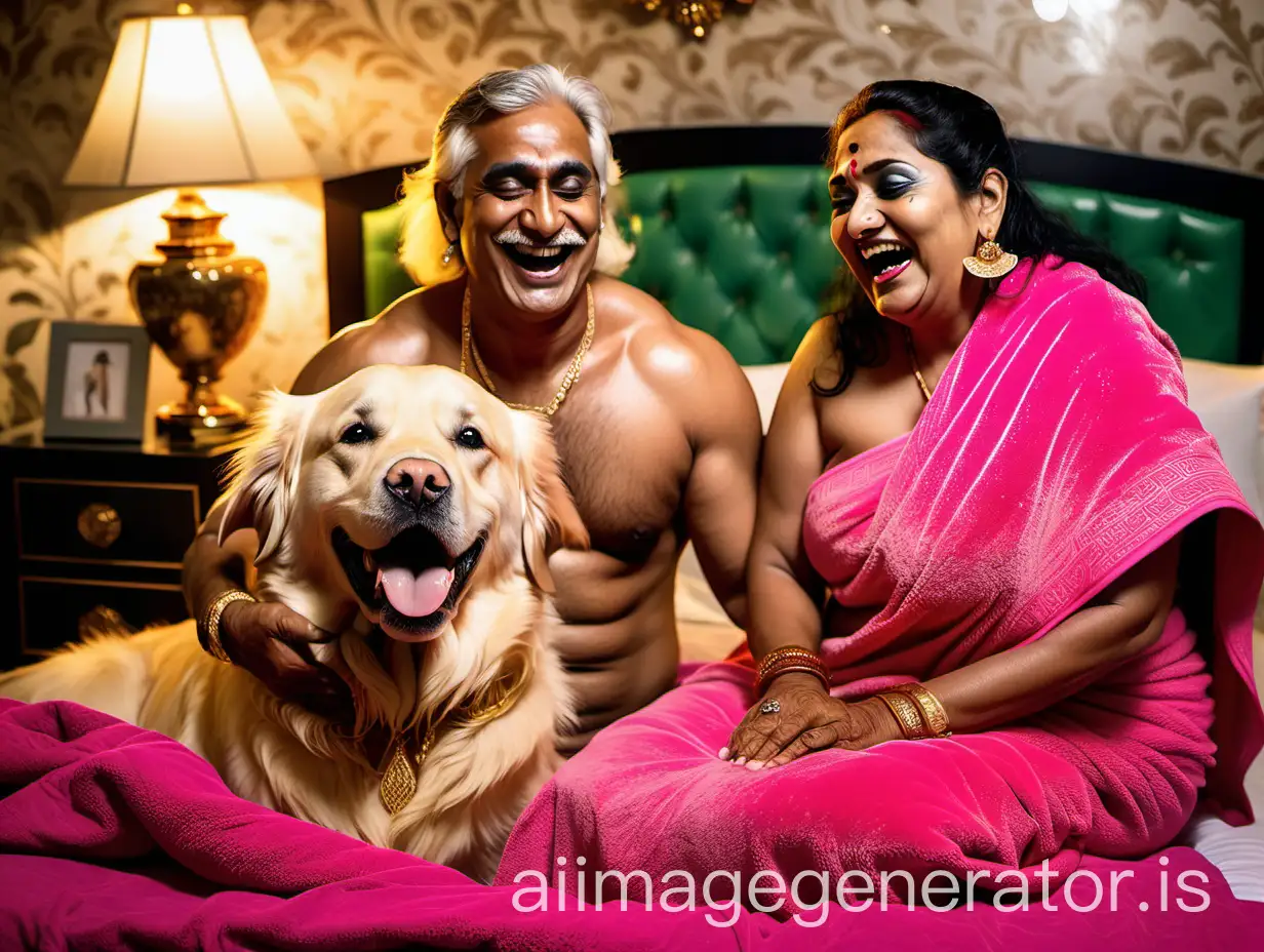 Luxurious-Nighttime-Dance-Indian-Couple-in-Neon-Pink-Towels-with-Golden-Retriever