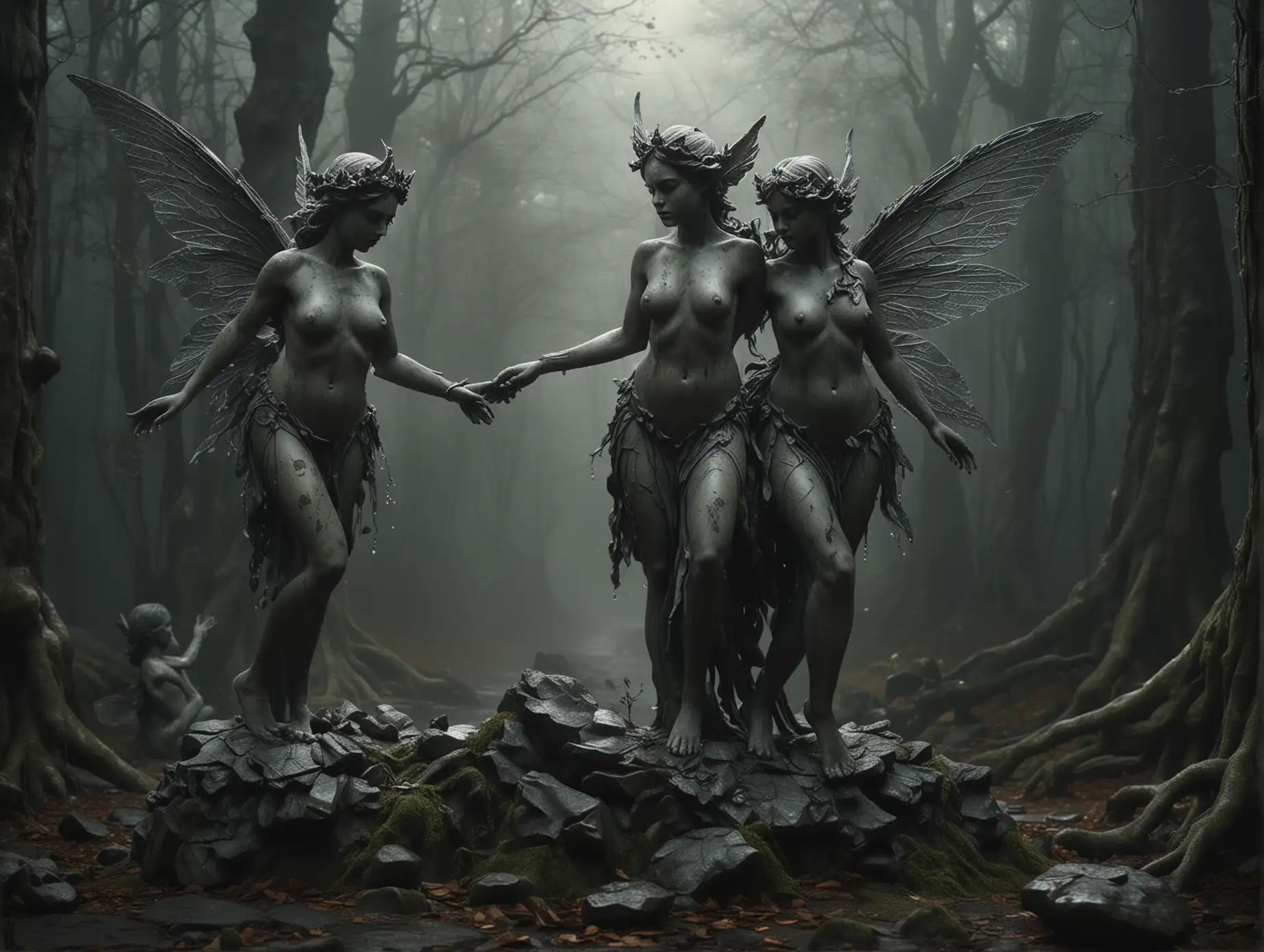 two (2) naked fairies moving around a stone statue of a goddess, dark and moody atmosphere, eerie woodland, ground mist, surreal scene, photorealistic, accurate details, high quality imagery