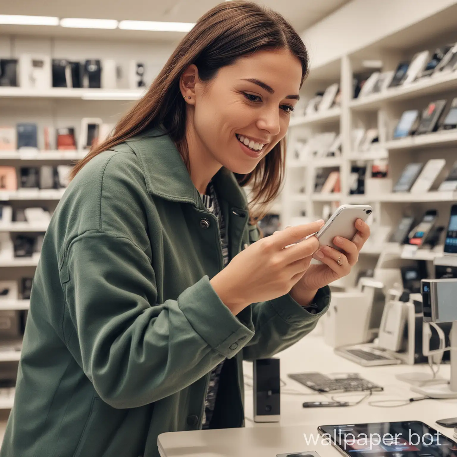 Generate an image of a customer buying a 
phone