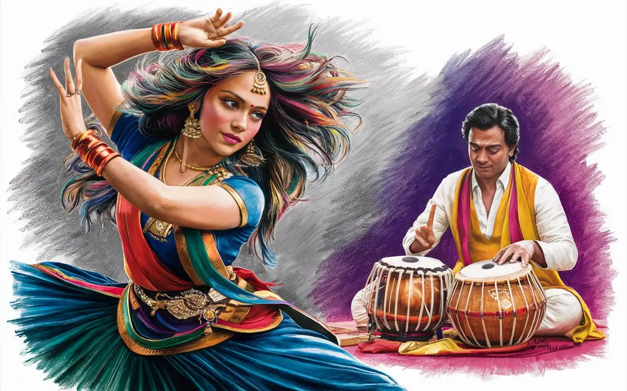 Indian Woman Dancing with Man Playing Tabla in Multicolor Hair Canvas Painting