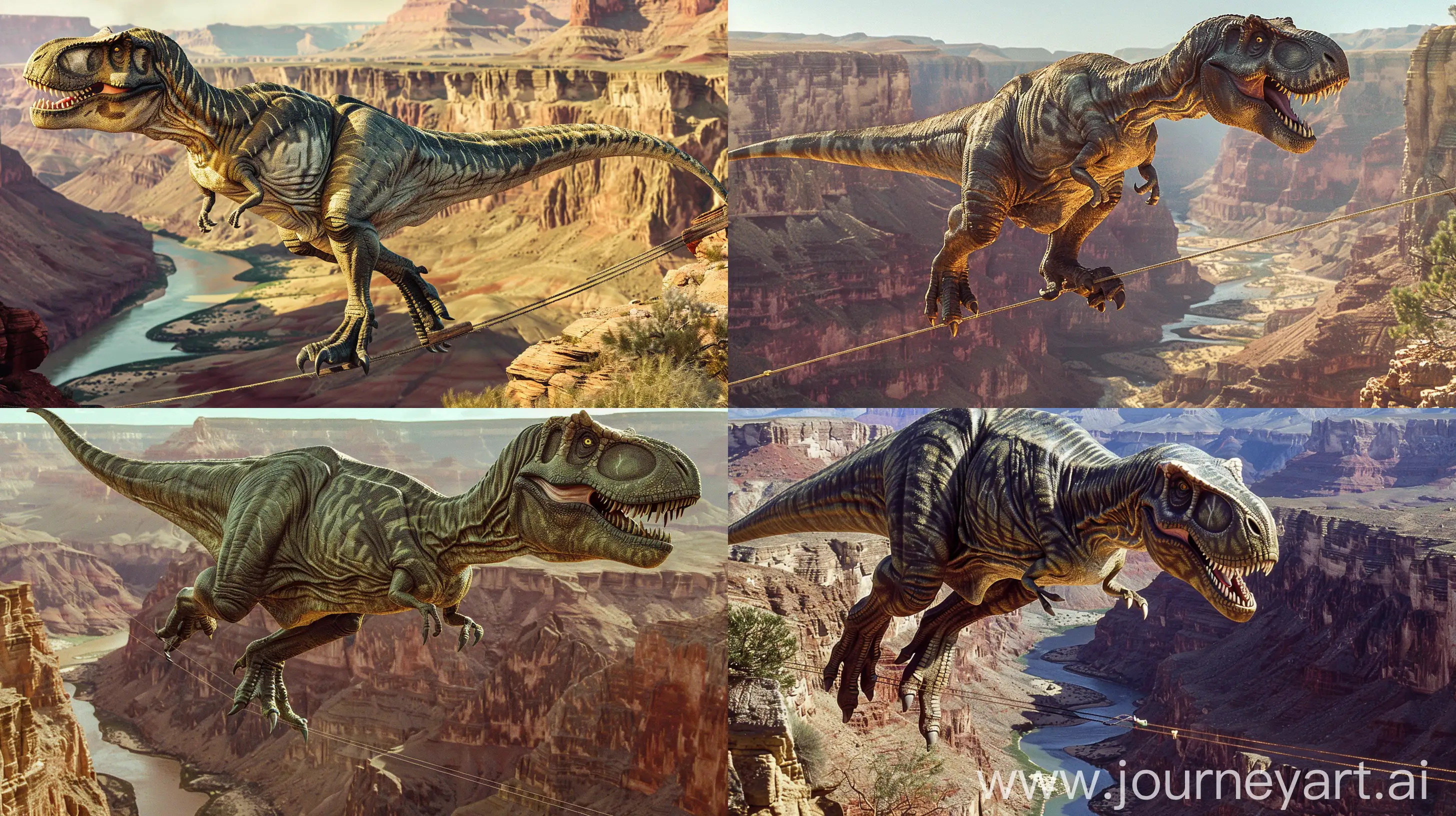 Prompt Concept / Keywords: Tyrannosaurus Rex, tightrope walk, Grand Canyon
Total Prompts: 1
Number of Words Range: 20-40
--ar (Aspect ratio): Any suitable aspect ratio

/imagine prompt: Photography of a Tyrannosaurus Rex showcasing impeccable balance while walking a tightrope strung across the majestic Grand Canyon. The massive dinosaur, with its sharp, menacing features and distinctive silhouette, navigates the precarious path with surprising agility, against the breathtaking backdrop of the vast canyon's sheer cliffs and winding river below. The contrasting elements of strength and finesse are captured in this daring feat, highlighting the raw power and unexpected grace of the ancient predator. Awe-inspiring and surreal. --ar 16:9 --v 6