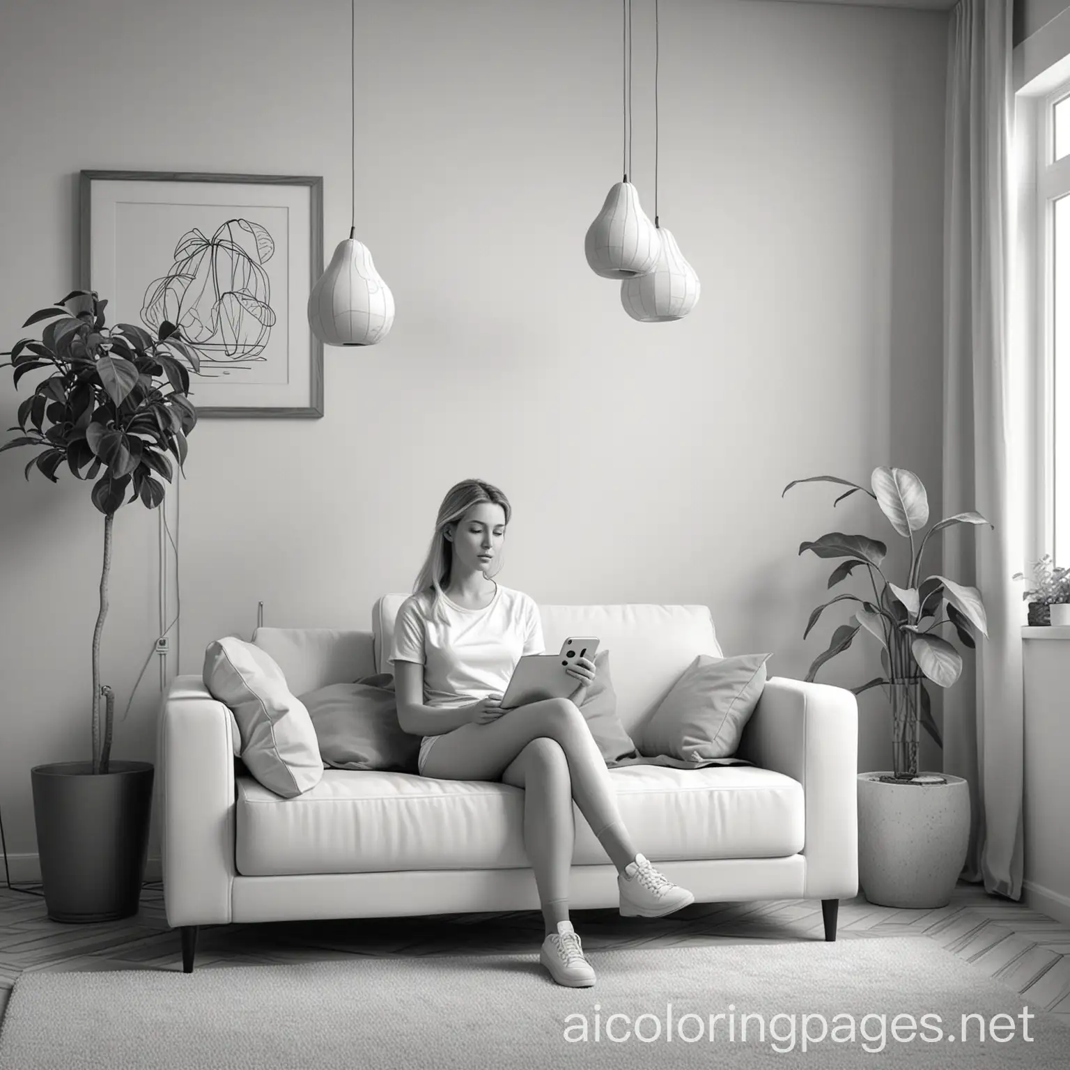 A captivating 3D animation scene featuring three fruits in a dimly lit industrial space. A pear, wearing a surprised expression, stands. Beautiful Caucasian Female Using Smartphone in Stylish Living Room while Resting on a Cozy Couch Sofa. Young Woman at Home, Browsing Internet, Using Social Networks, Having Fun in Flat., Coloring Page, black and white, line art, white background, Simplicity, Ample White Space. The background of the coloring page is plain white to make it easy for young children to color within the lines. The outlines of all the subjects are easy to distinguish, making it simple for kids to color without too much difficulty
