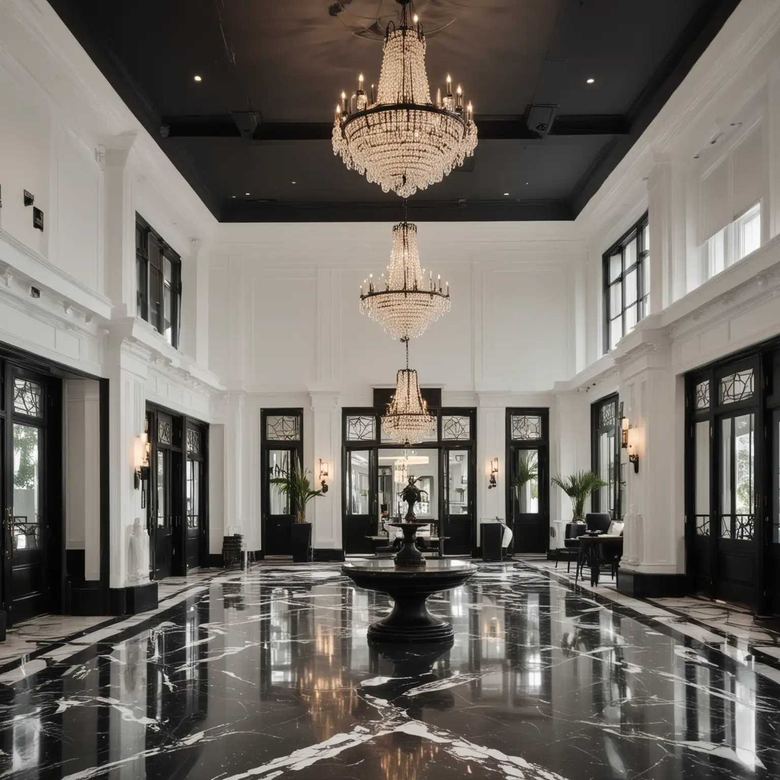 modern black and white coastal colonial grand hotel lobby inspired by Hard Rock Hotel with black modern chandeliers