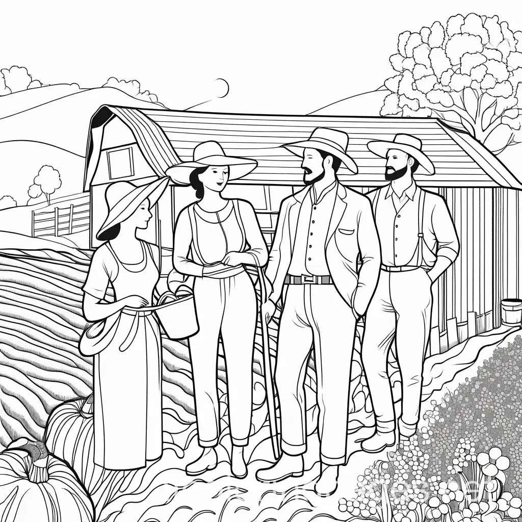 people on a farm , Coloring Page, black and white, line art, white background, Simplicity, Ample White Space. The background of the coloring page is plain white to make it easy for young children to color within the lines. The outlines of all the subjects are easy to distinguish, making it simple for kids to color without too much difficulty