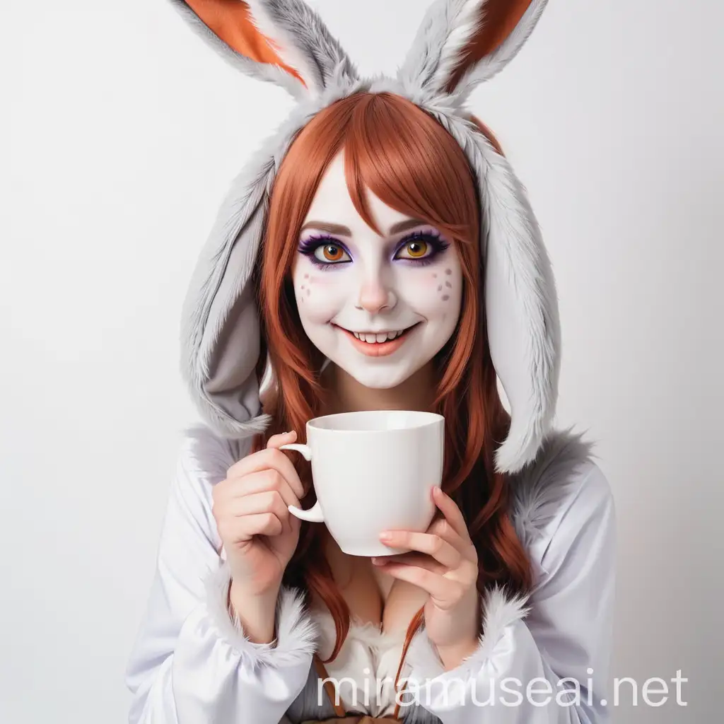 Smiling Hare Cosplayer with White Cup on Bright Background