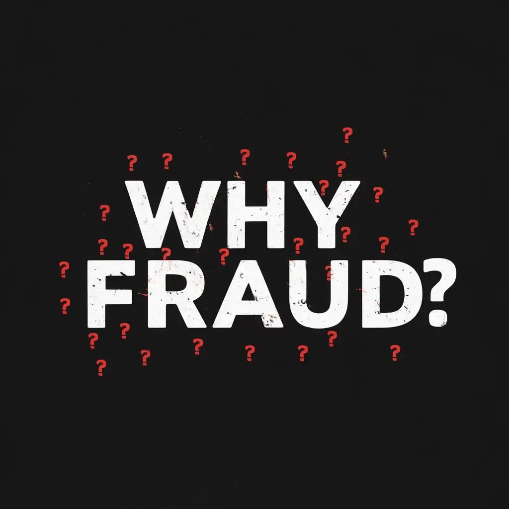 a logo design,with the text "WHY FRAUD", main symbol:Black background And a little red so that the inscription looks mysterious and secret, nothing more, just a minimalistic inscription and Red Question Marks in the Background,Minimalistic,clear background