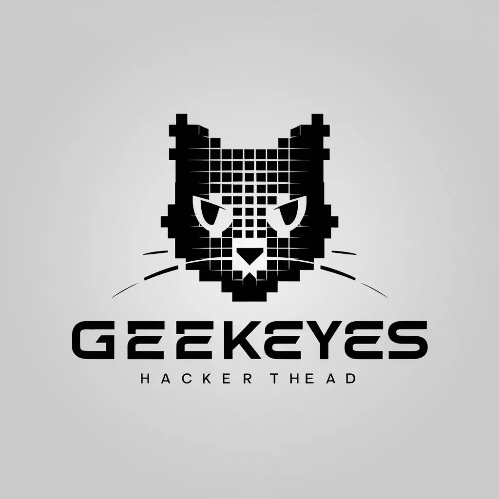 a logo design,with the text "geekeyes", main symbol:hacker cat head technology programming pixel black and white,complex,clear background