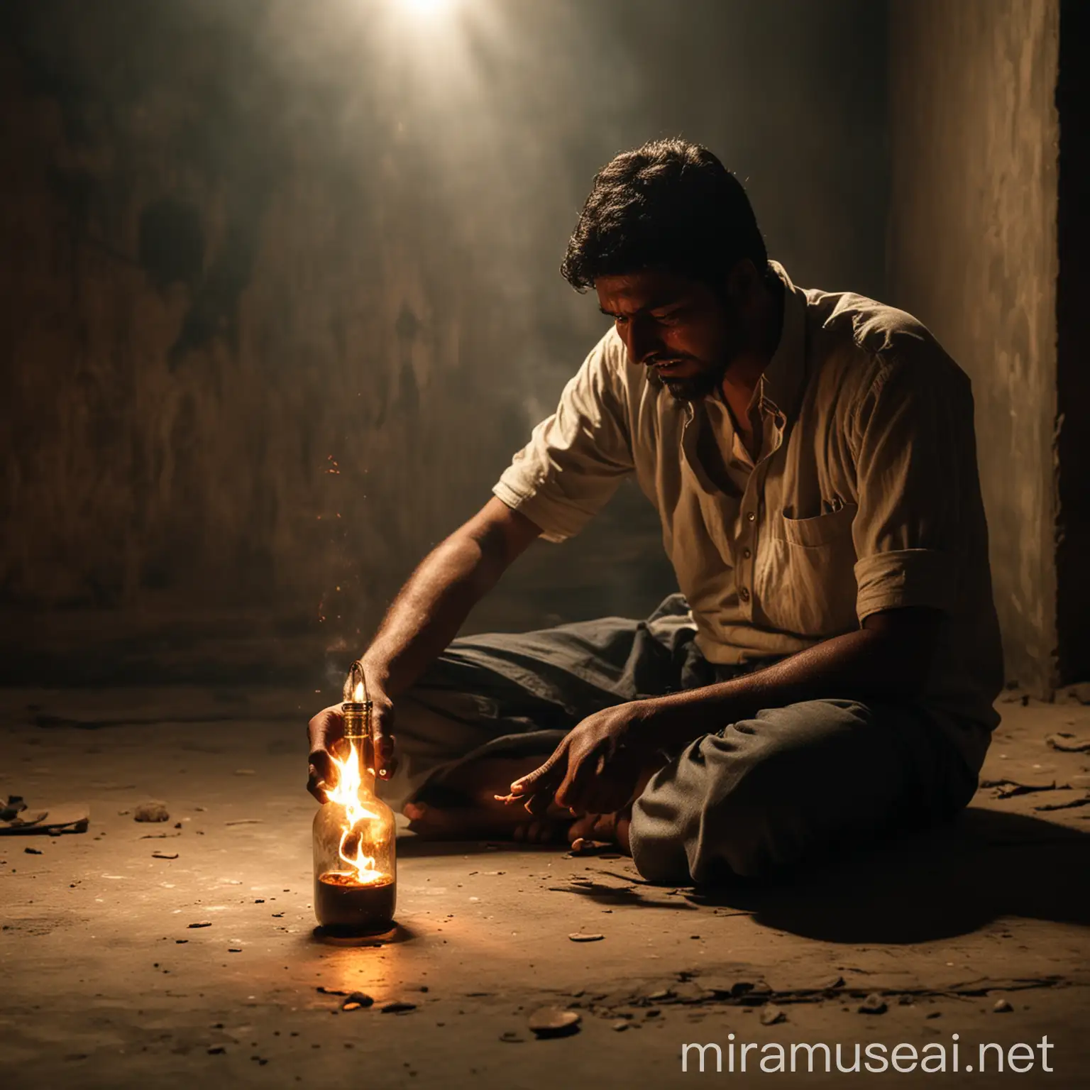 a indian men sitting on floor, cying, focus on fire in bottle, bottle in a man hand, dark room