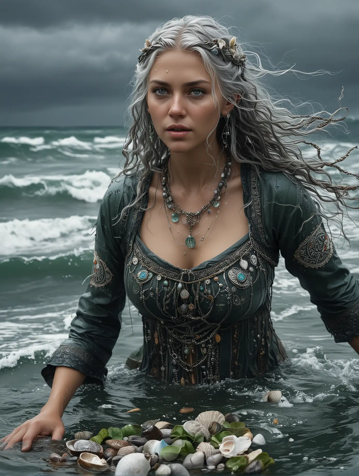 A beautiful viking female shaman bathing in wavy oceanic waters, with grayish and green and gray hair with sea shells, green eyes, wearing a dark gray, long blue and dark green tunic adorned with many seashells and colorful wavy symbols, : 1.n| Very detailed, wet, nordic atmosphere : 1.n| Highly detailed,high precision,focus on textures, hyperrealistic : 1.