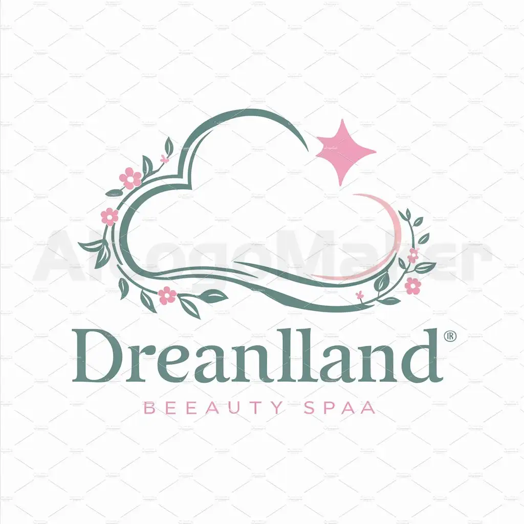 a logo design,with the text 'Dreamland', main symbol:The logo is composed of two main elements: a stylized cloud shape and a star symbol. The cloud shape is formed by a curved line with a slight bend at one end, giving it a subtle sense of .The cloud has a shape resemble a pillow The line is thick and smooth, suggesting a soft and dreamy quality. Colors: The primary colors used are green and pink, giving a spring vibe . Additional Elements: Flower branches and leaves cling around the edge of the clouds,Minimalistic,be used in Beauty Spa industry,clear background