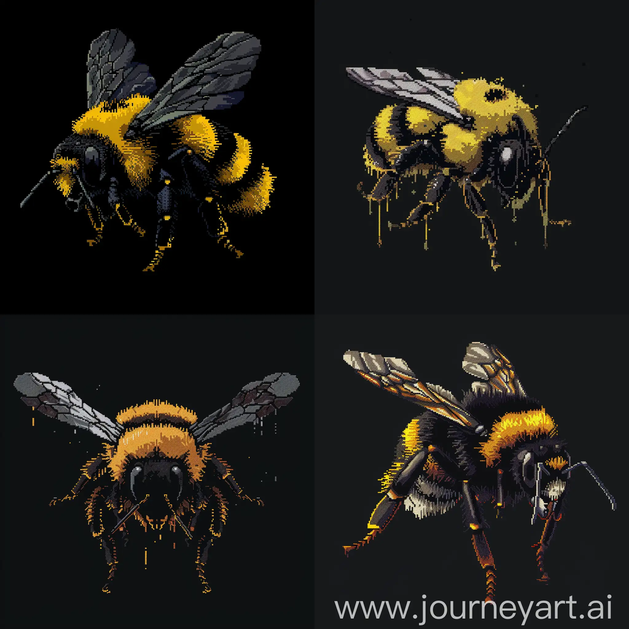  bumblebee pixel art, background all black, horror style