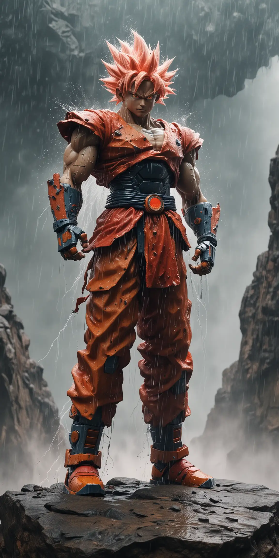 Robot Goku Standing on Big Rock in Red Clouds with Lightning and Rain