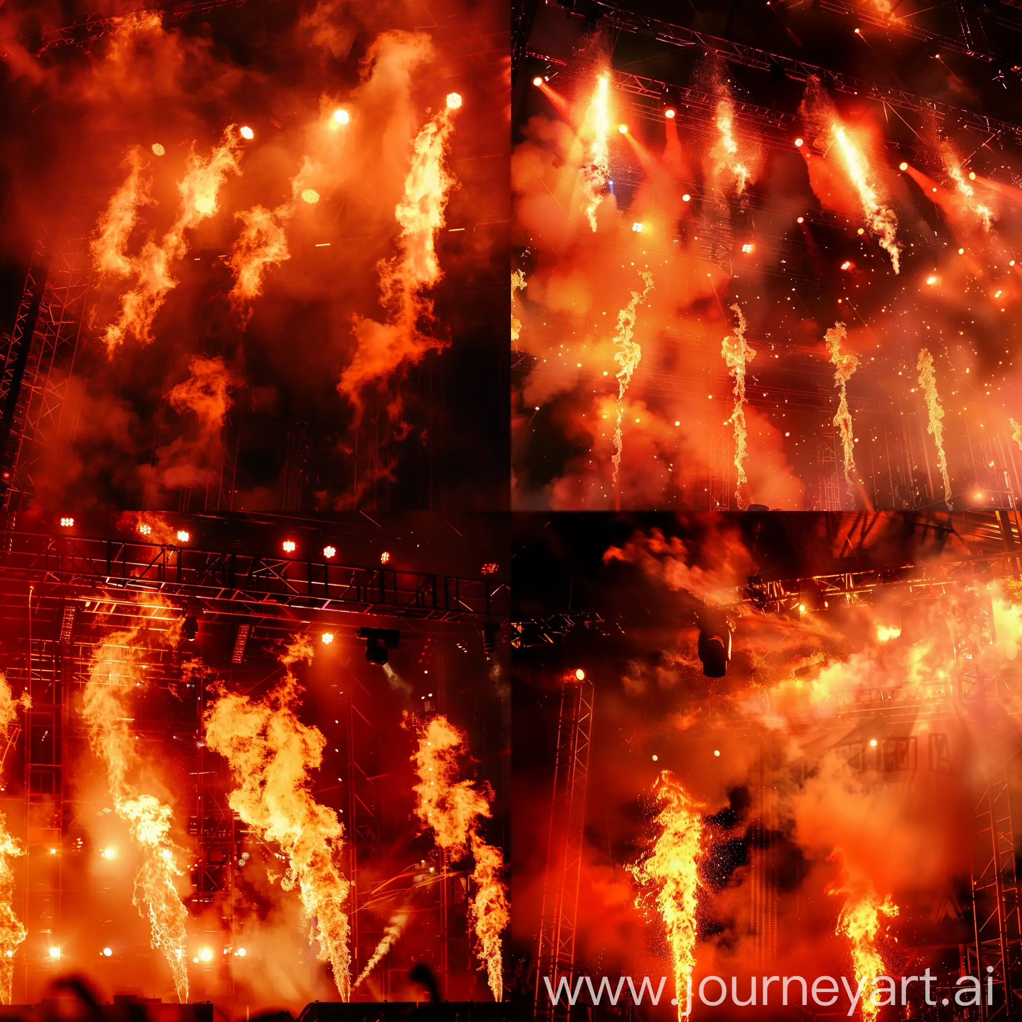 An intense, fiery rock concert background with dramatic flames and smoke creating a high-energy atmosphere. The scene is illuminated by dynamic stage lights in red and orange hues, casting strong shadows and adding depth. The setting is an outdoor rock festival at night, with a hint of a cheering crowd visible in the dimly lit foreground.