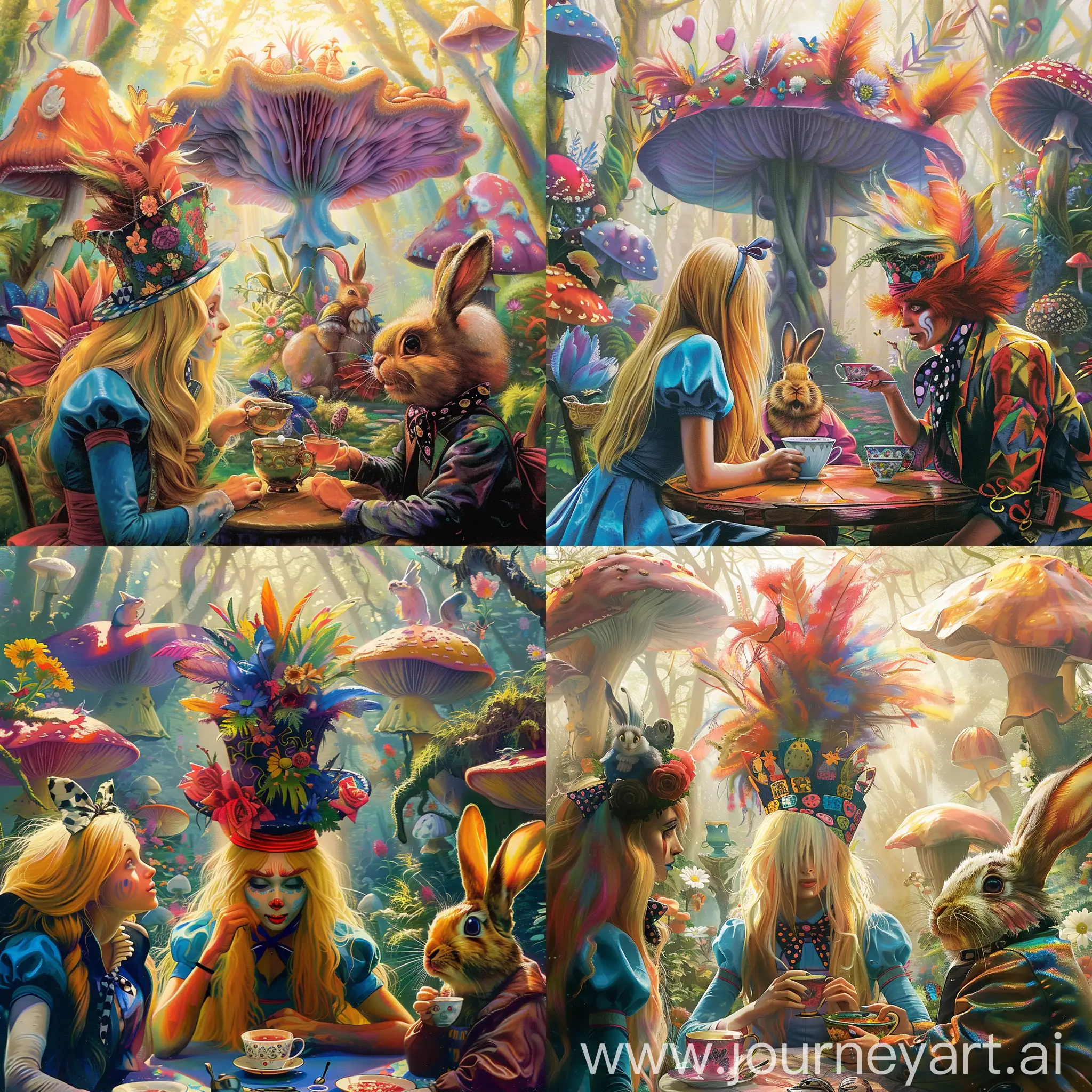 Alice drinking tea with the Mad Hatter and the March Hare in a psychedelic forest full of giant mushrooms and talking flowers, bright colors, fantasy style, sun shining, cheerful mood, high quality, high detail, Alice girl with blond hair in a blue dress. She has long hair and a bow on her head. A hatter is a man in a multi-colored suit and bright hair, on his head is a large hat with flowers and feathers. March hare in a jacket. He looks stupid. They all sit at the table and drink tea.
