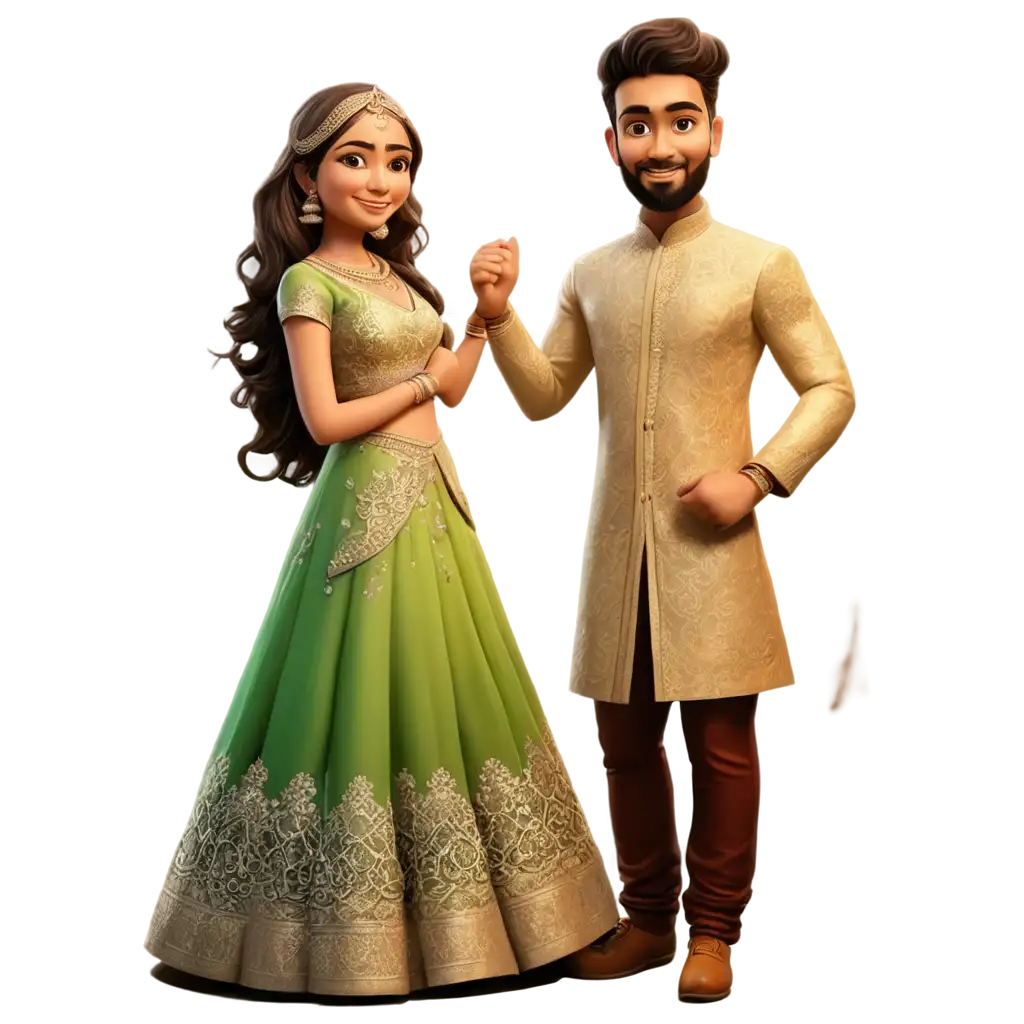 Stunning Sangeet Ceremony PNG Caricature Bride and Groom Standing Proud