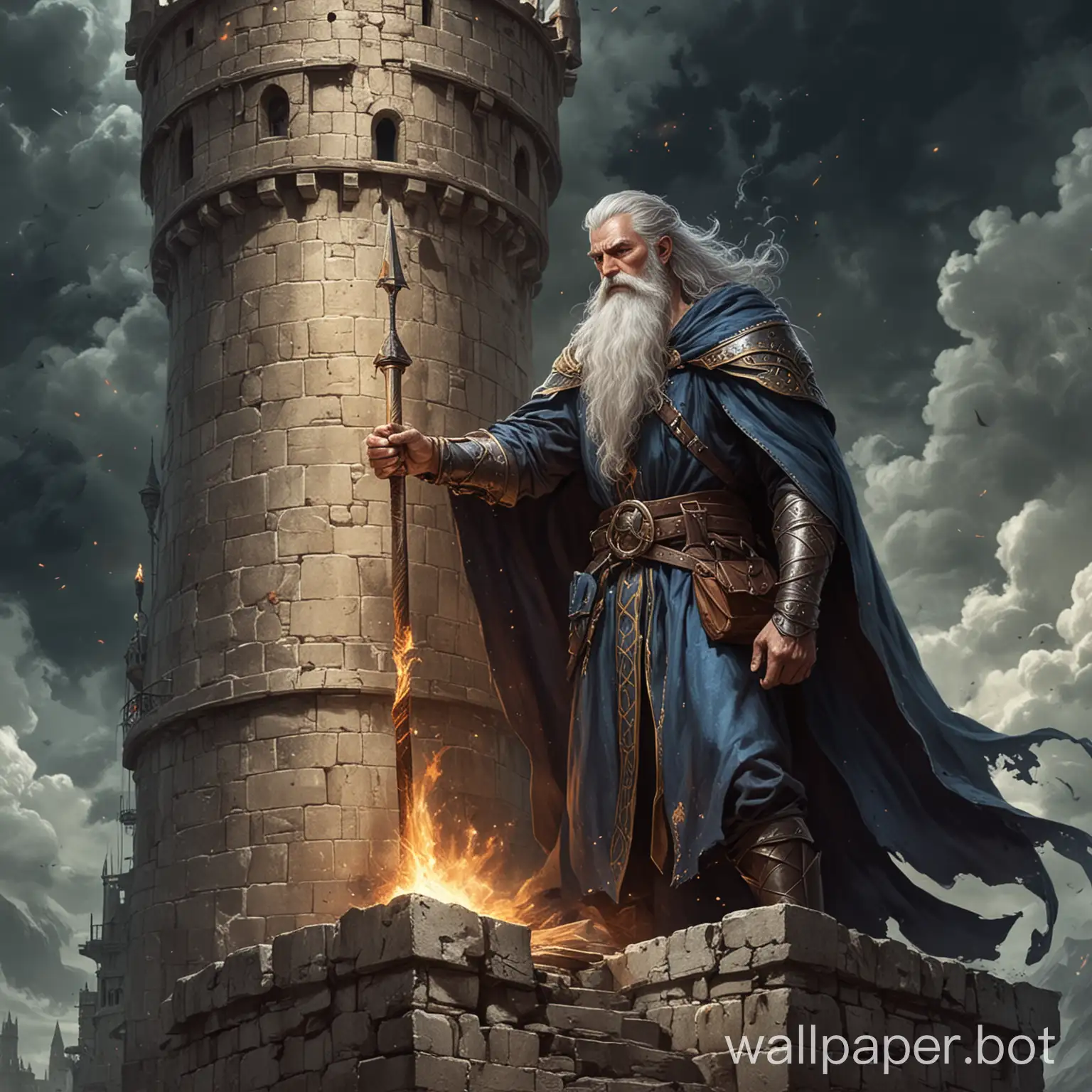 нарисуй фэнтези мага мужчину, который обладает очень сильной магией, в башне, к которому пришёл король
