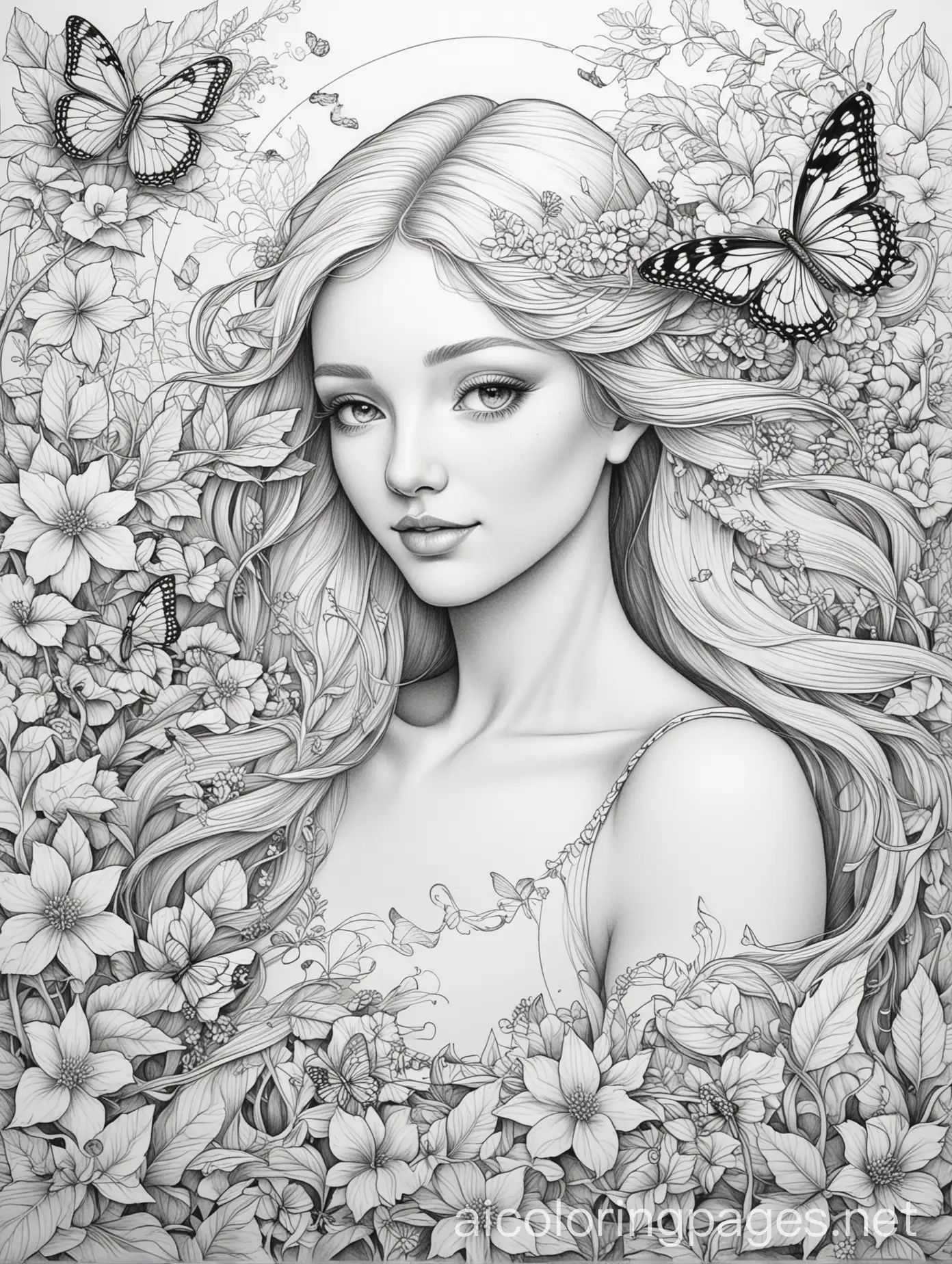 Generate a detailed coloring page that celebrates the theme of motherhood intertwined with nature, evoking a sense of serenity and tranquility. The central focus should be on a mother figure surrounded by lush foliage, blooming flowers, and gentle wildlife. The mother should exude warmth and tenderness, with flowing hair and serene facial features. Birds chirp in the trees above, while butterflies flit among the flowers. The scene should invite relaxation and mindfulness, offering plenty of intricate details for coloring and personalization. The lines should be clear and bold, without any shading or grayscale, allowing for vibrant coloring with ink or markers, Coloring Page, black and white, line art, white background, Simplicity, Ample White Space. The background of the coloring page is plain white to make it easy for young children to color within the lines. The outlines of all the subjects are easy to distinguish, making it simple for kids to color without too much difficulty